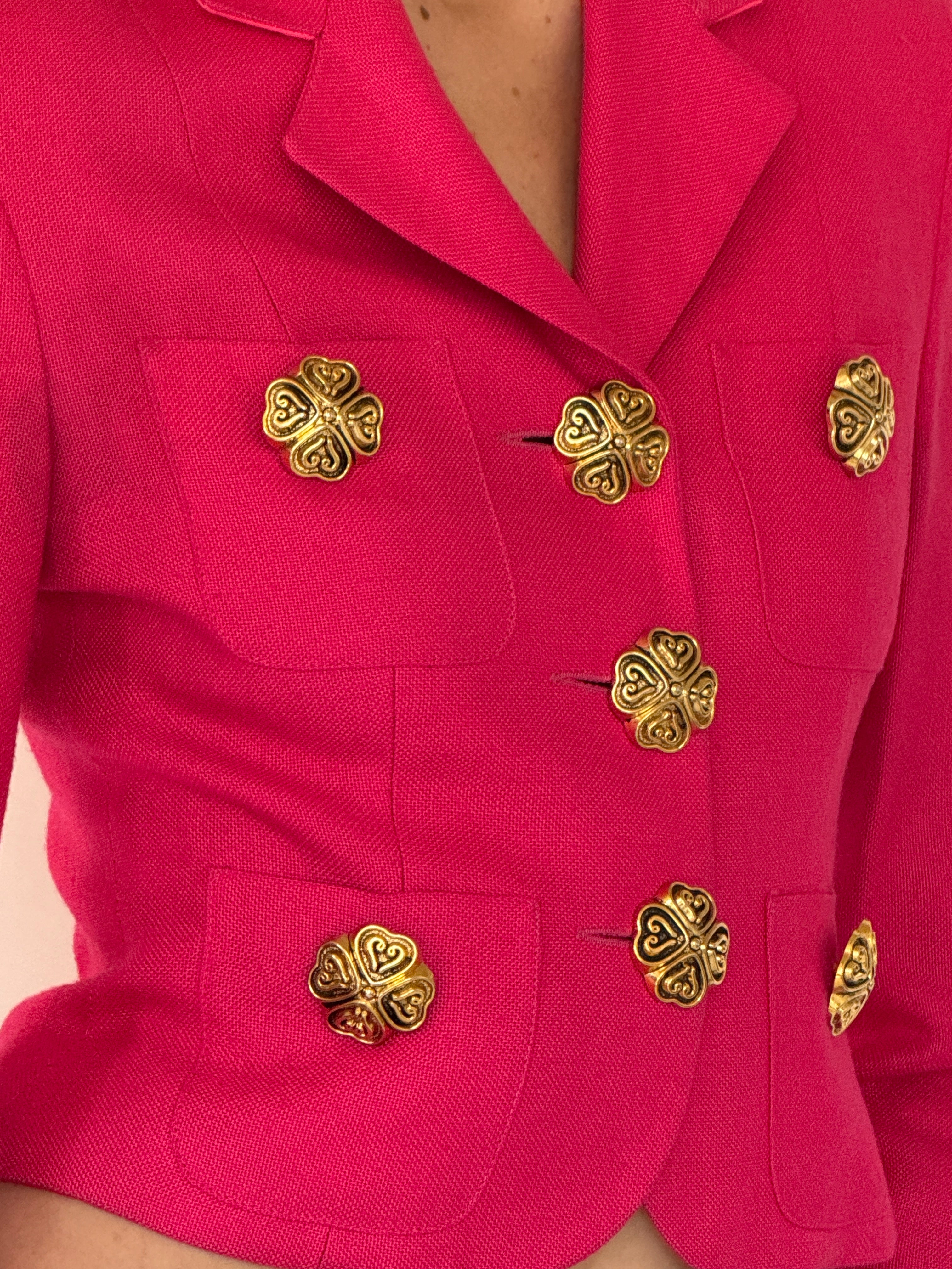 Vintage Moschino pink jacket gold-tone clover button detail