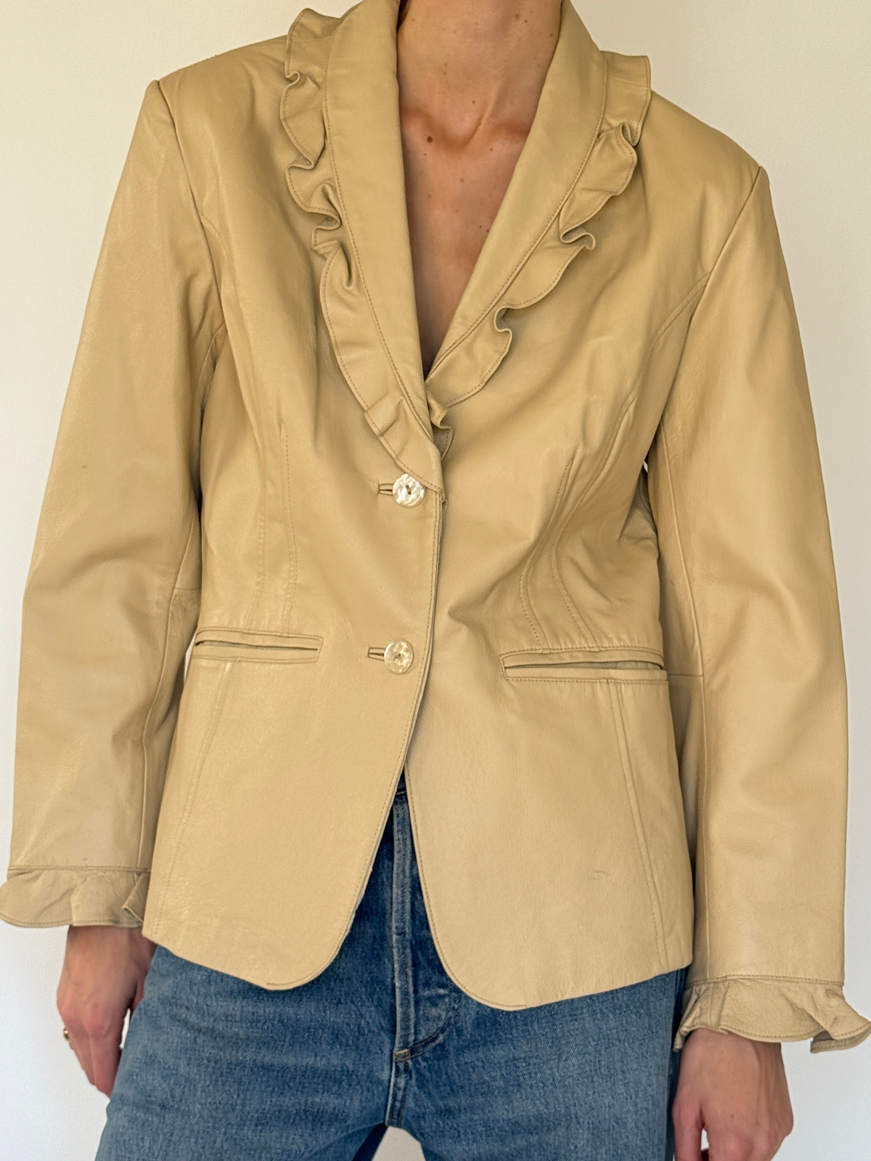 Vintage beige leather ruffle trim jacket front view