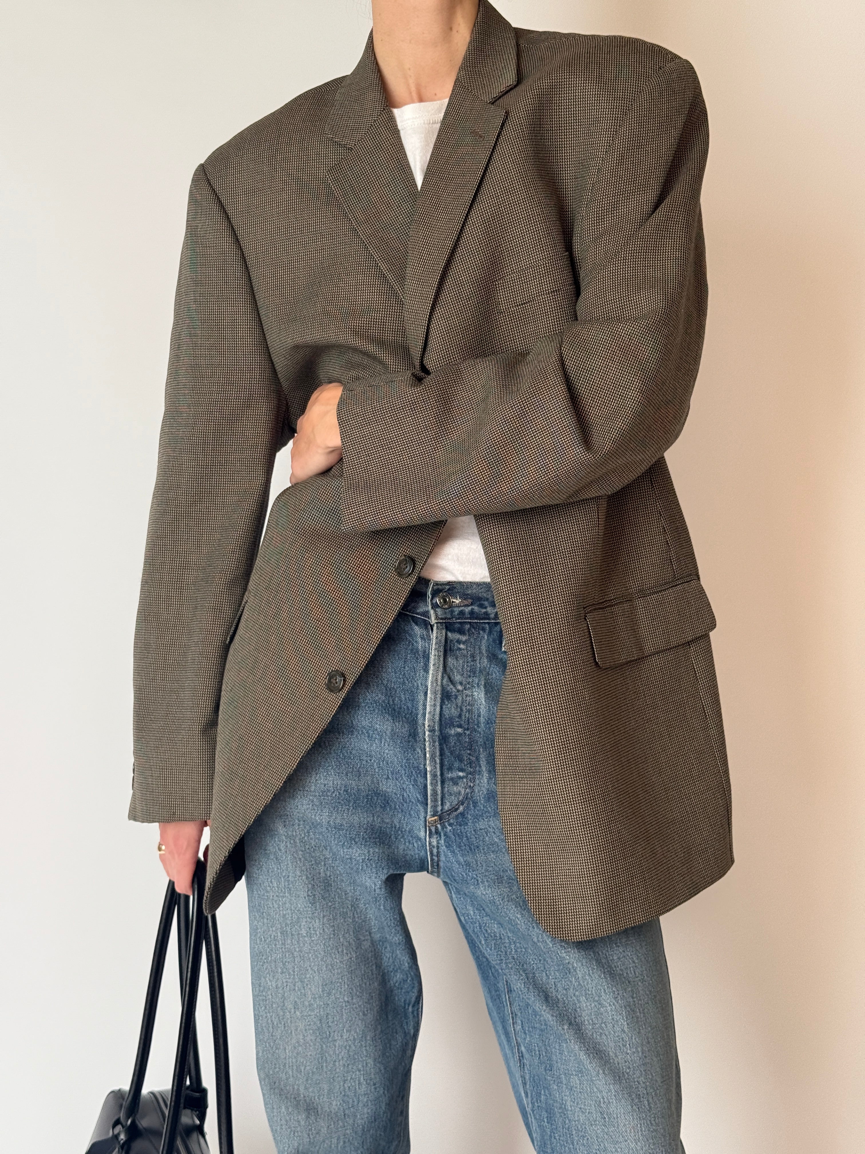 Vintage tailored blazer in brown with subtle check weave and classic lapels