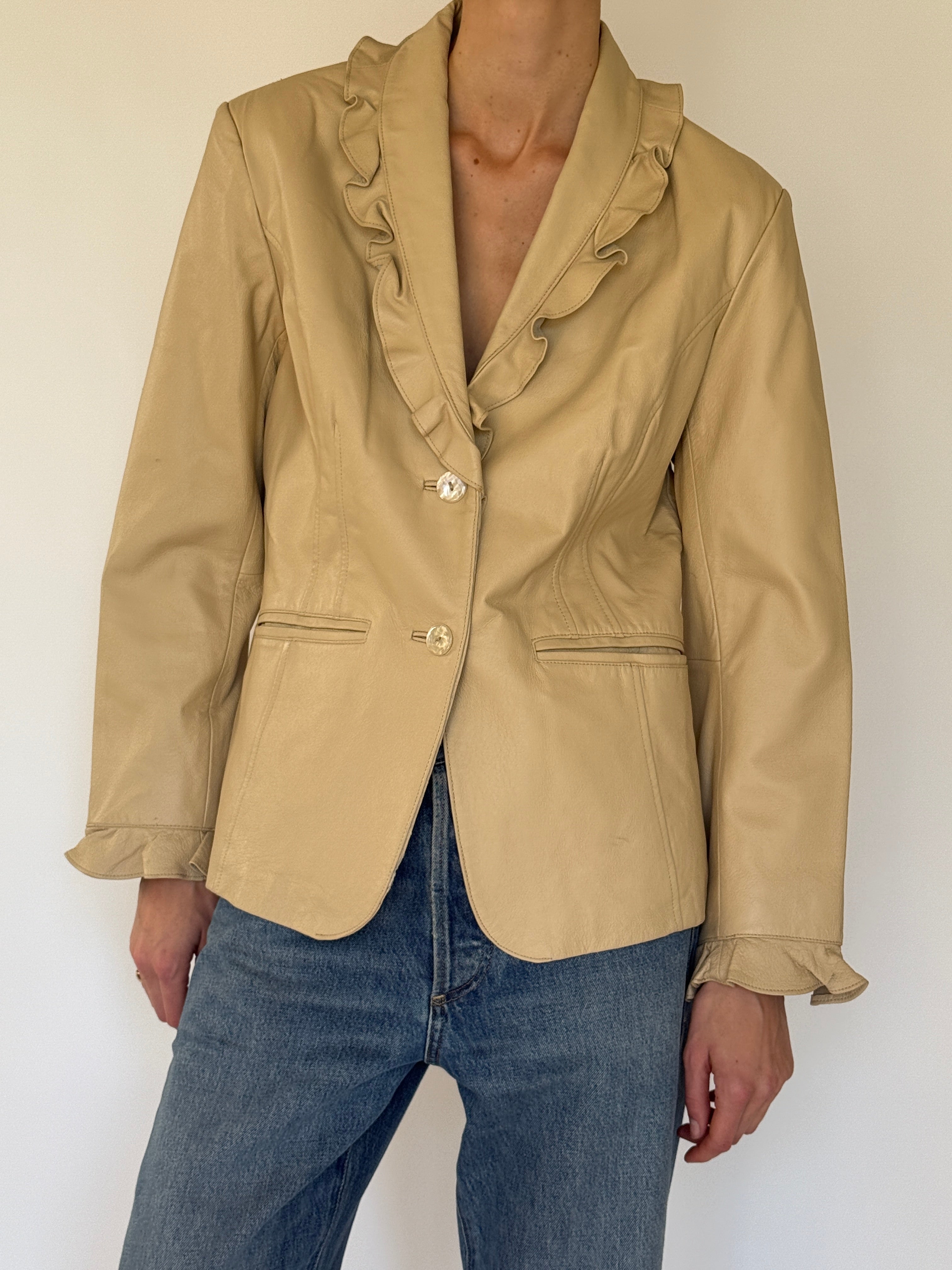 Vintage beige leather ruffle trim jacket front view