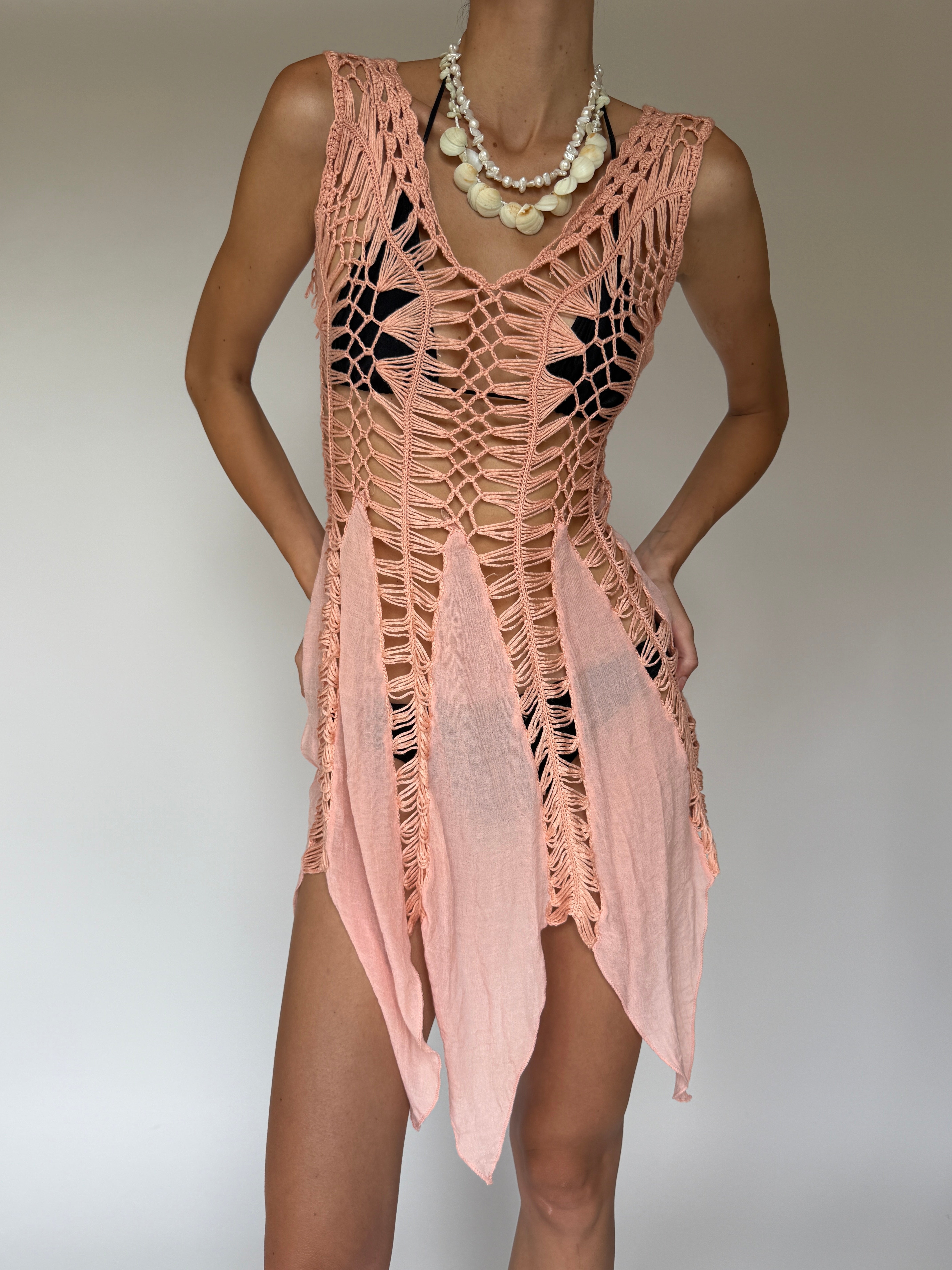 Vintage blush pink hand-crochet sheer swim cover-up front view