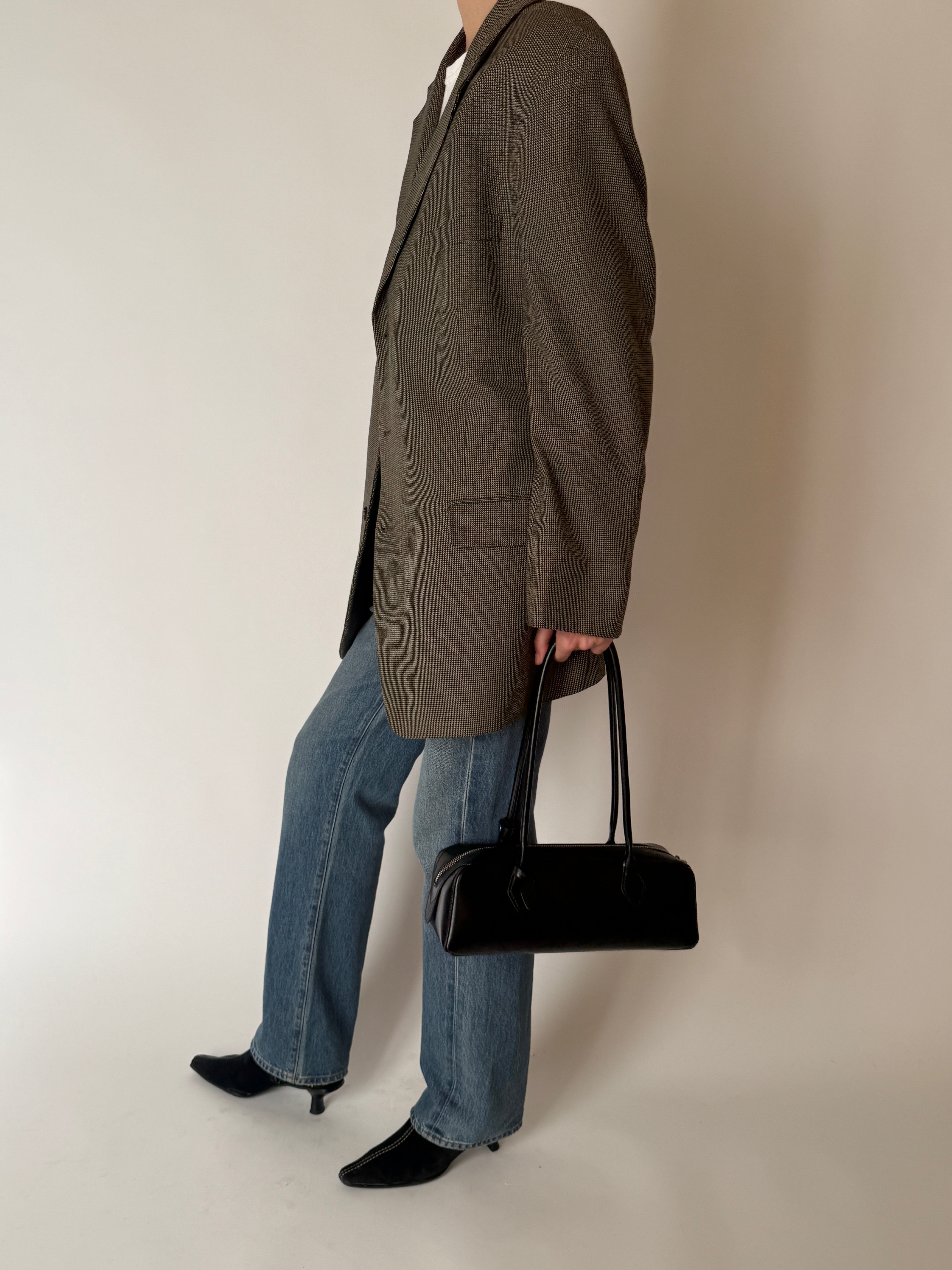 intage brown blazer with two-button front and micro-check texture side view