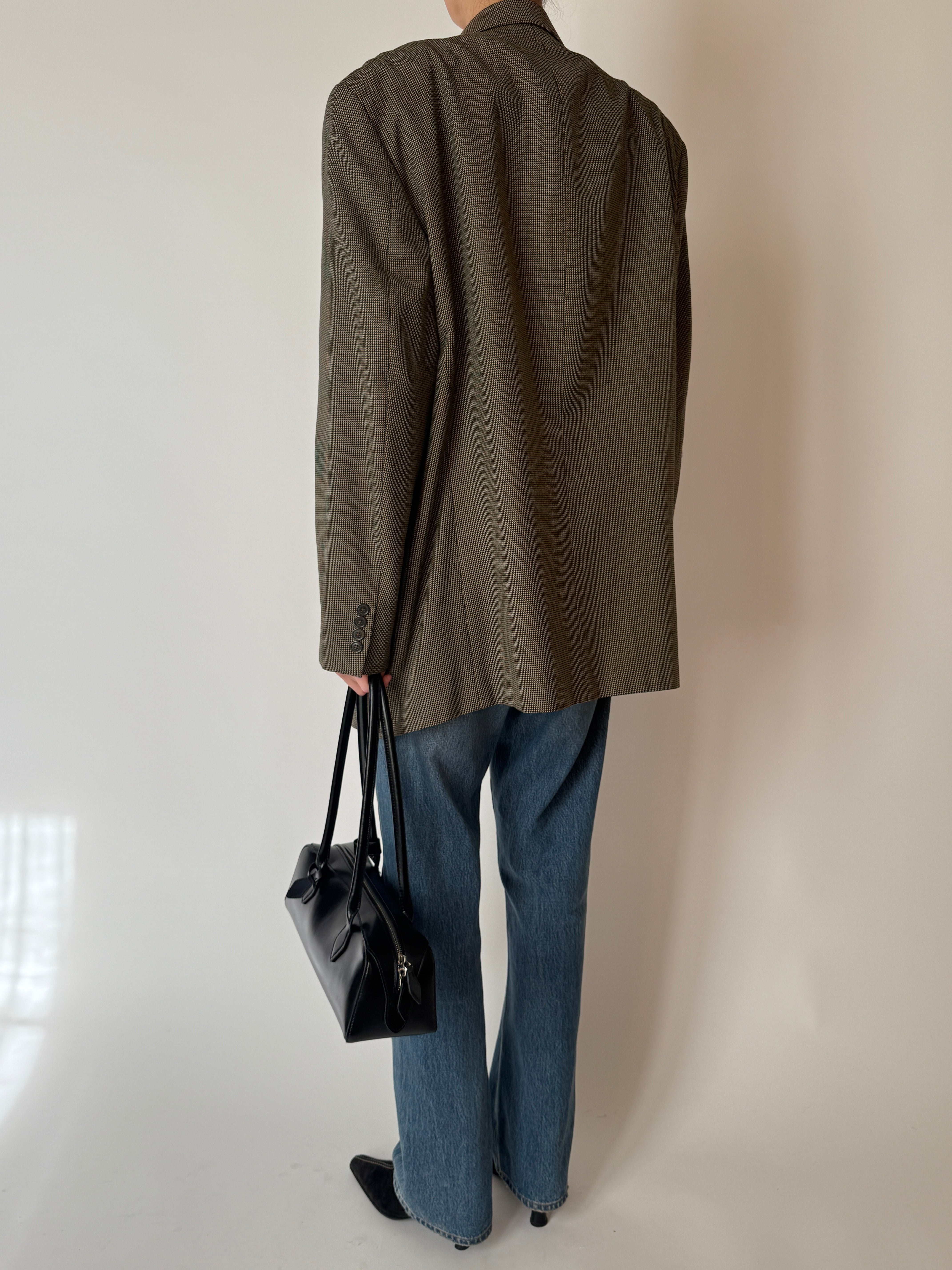 Vintage brown micro-check tailored blazer with notch lapel and front button closure back view