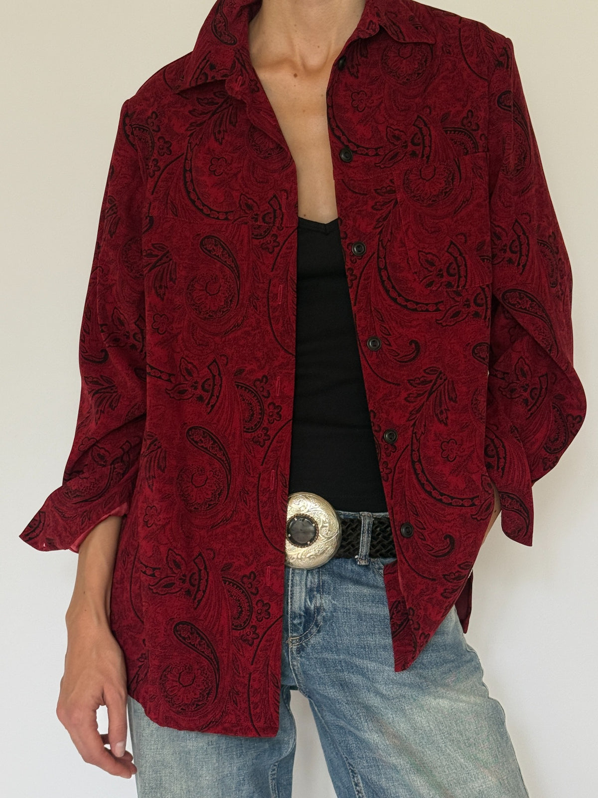 Vintage burgundy paisley shirt button detail