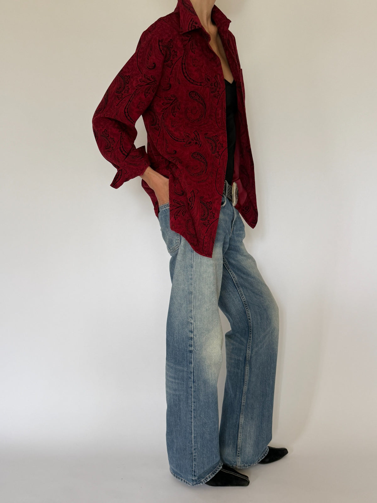 Vintage burgundy paisley shirt side view