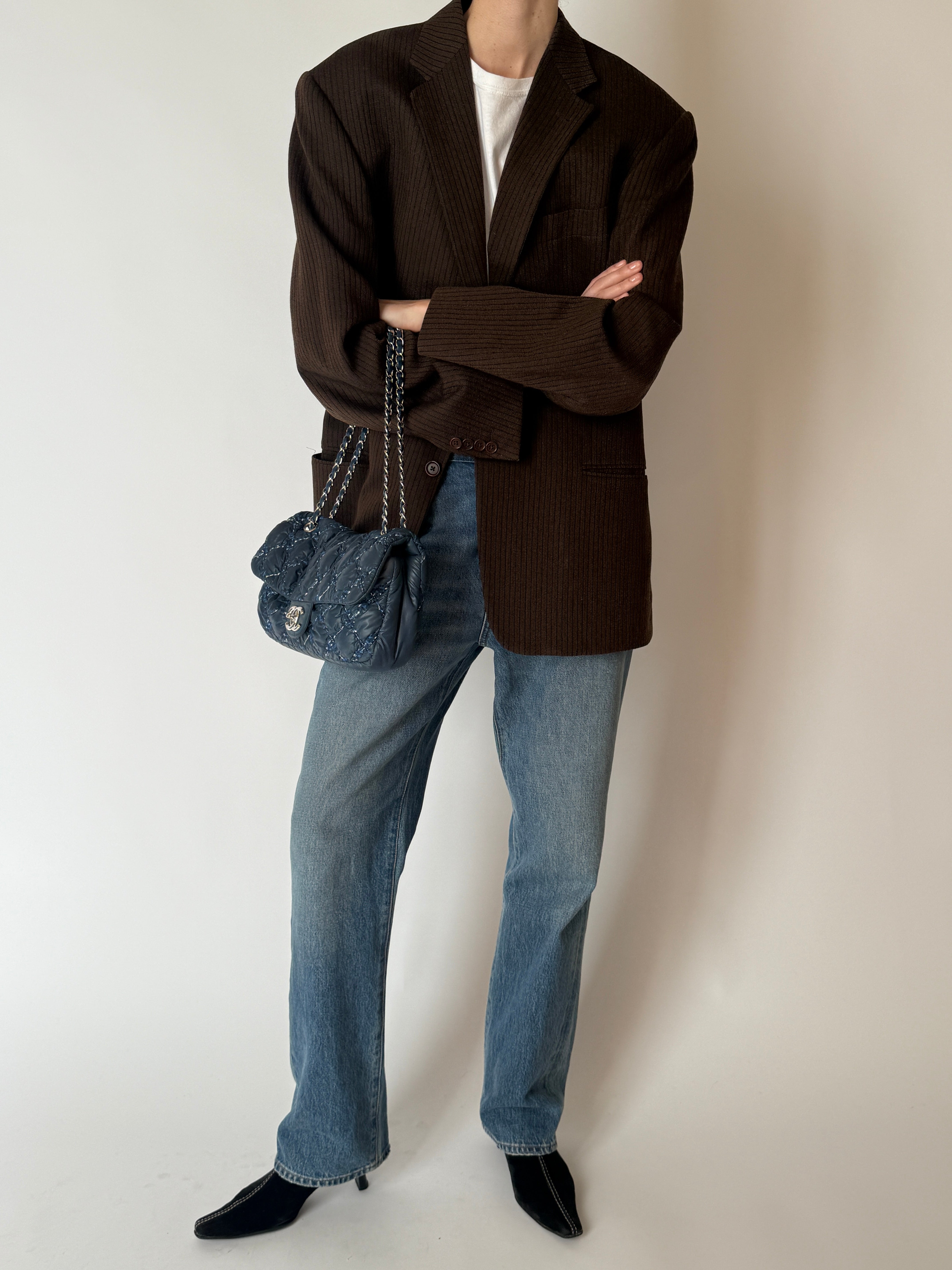 Vintage brown ribbed tailored blazer front view