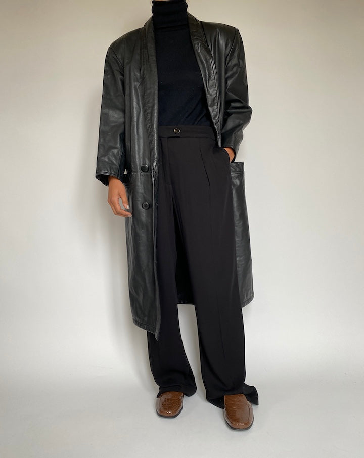 VINTAGE LONG BLACK LEATHER COAT 2185