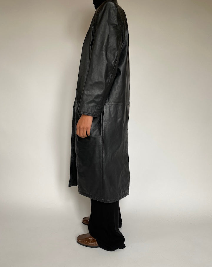 VINTAGE LONG BLACK LEATHER COAT 2185