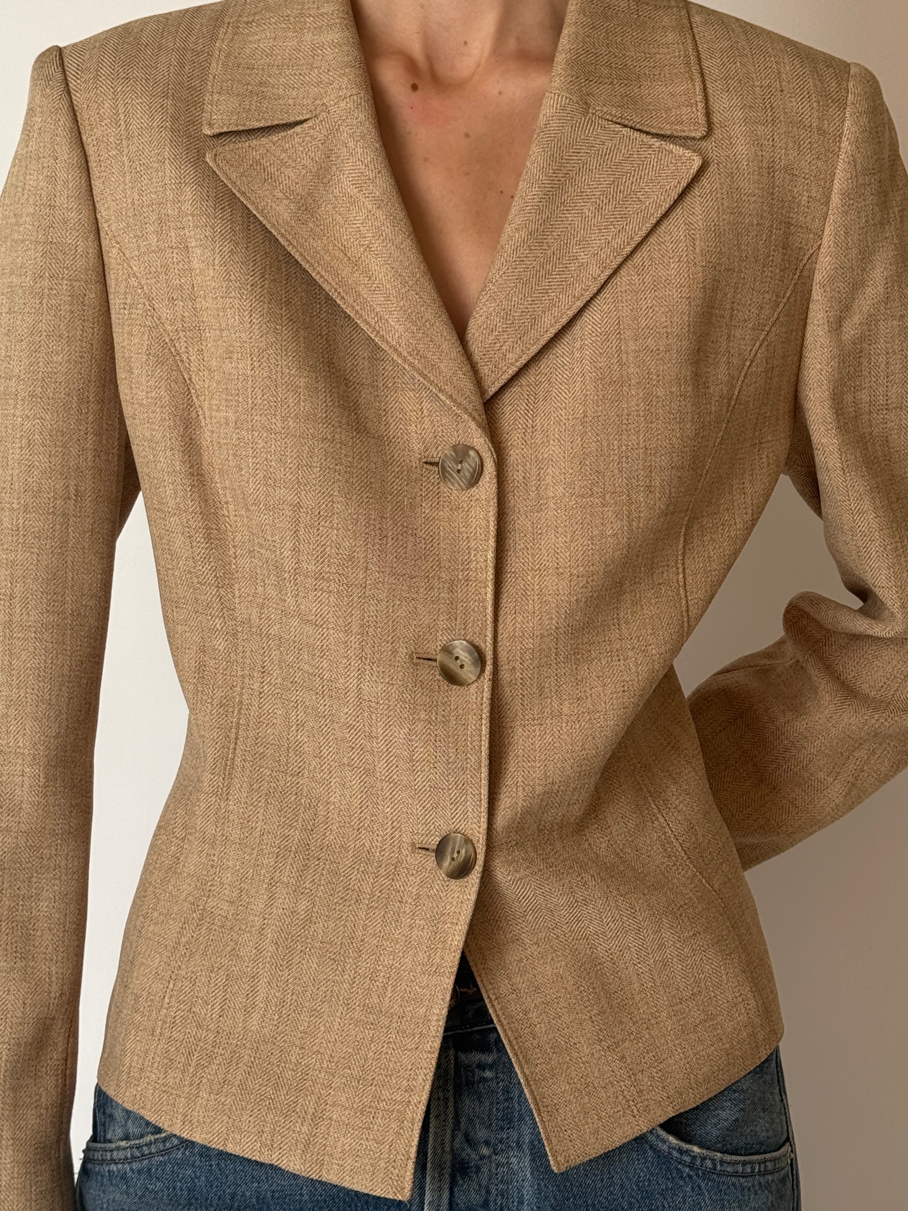 Vintage tan herringbone tailored blazer front view