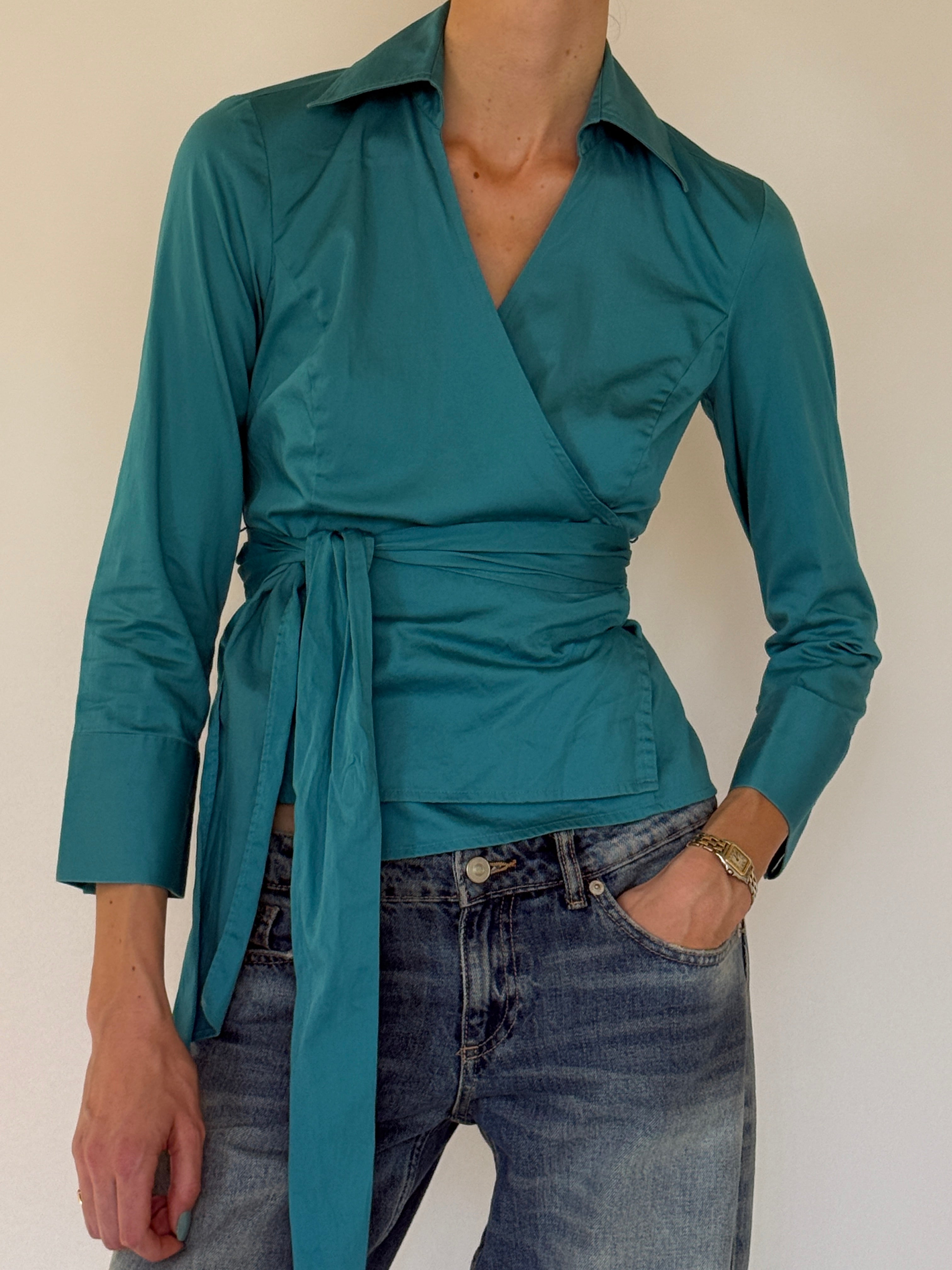 Vintage turquoise long sleeve wrap blouse front angle