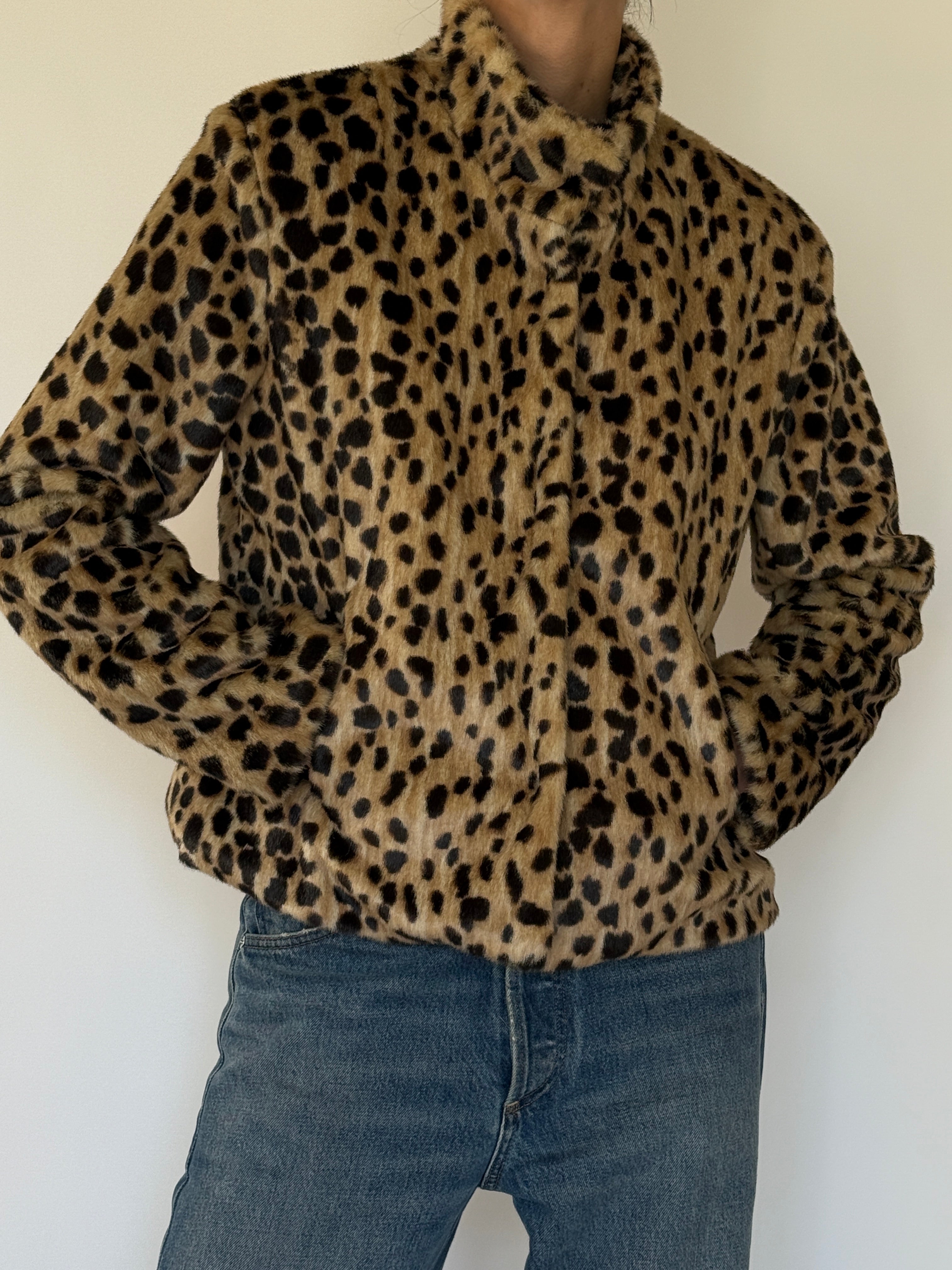 Vintage leopard faux fur jacket front view