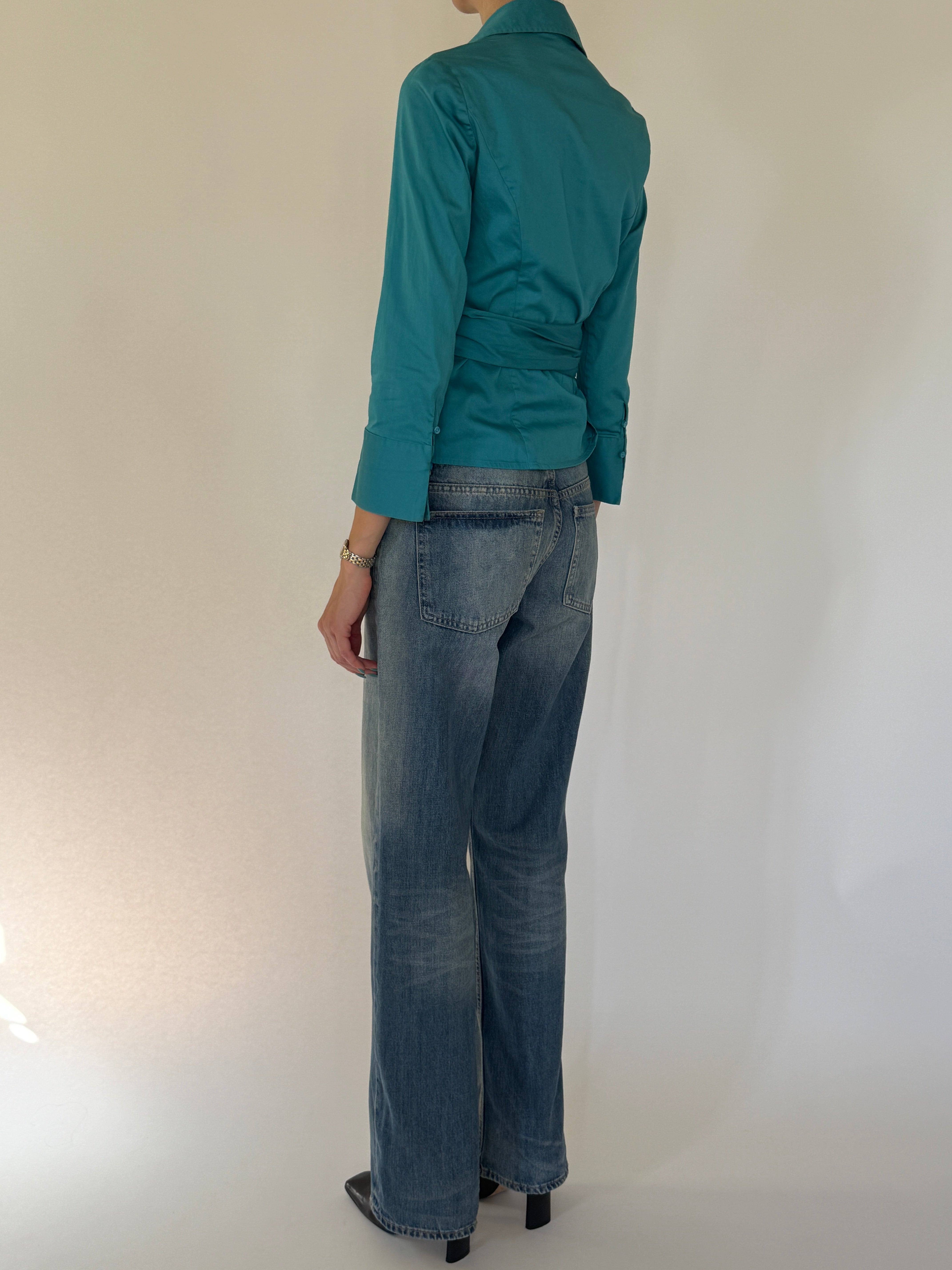 Vintage turquoise wrap blouse back view