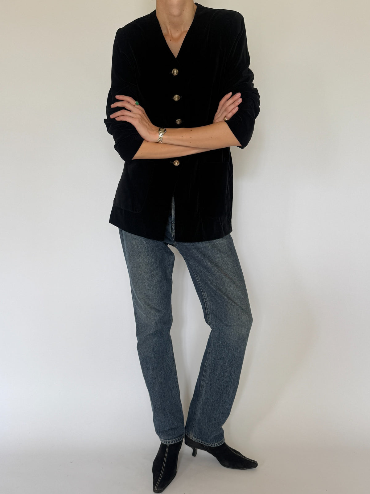 Vintage black velvet blazer final styled angle