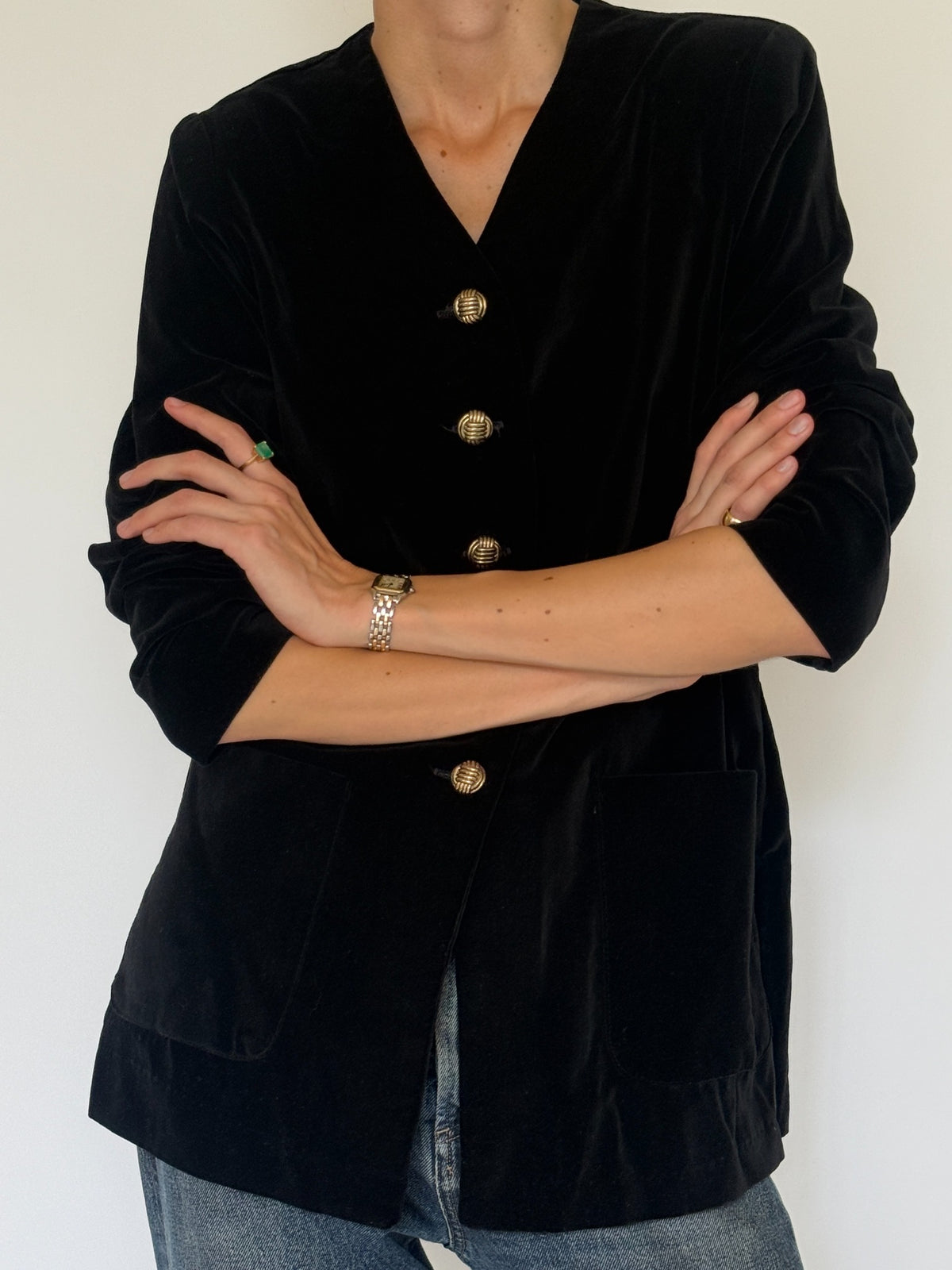 Vintage black velvet blazer gold button and pocket detail