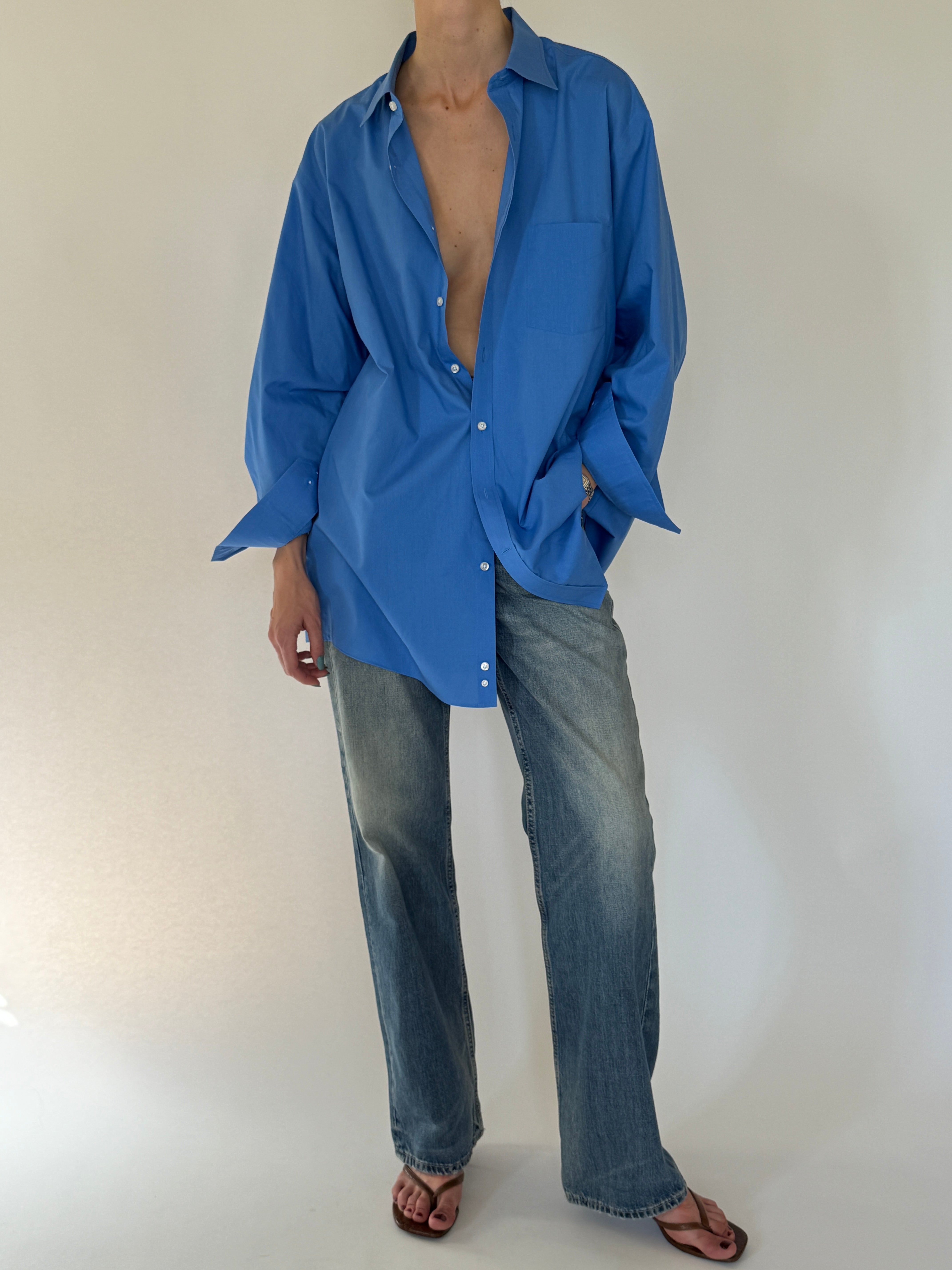 Vintage oversized blue button up shirt front view