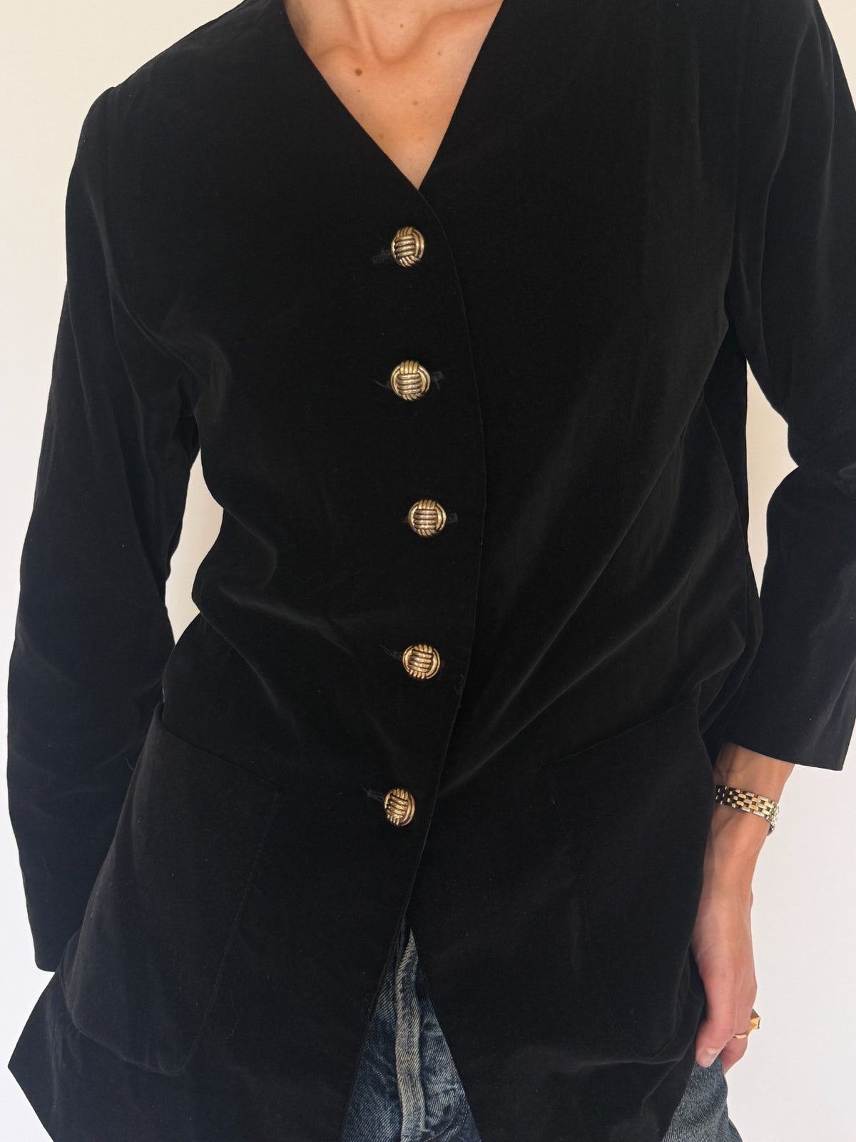 Vintage black velvet blazer V-neck and gold button detail