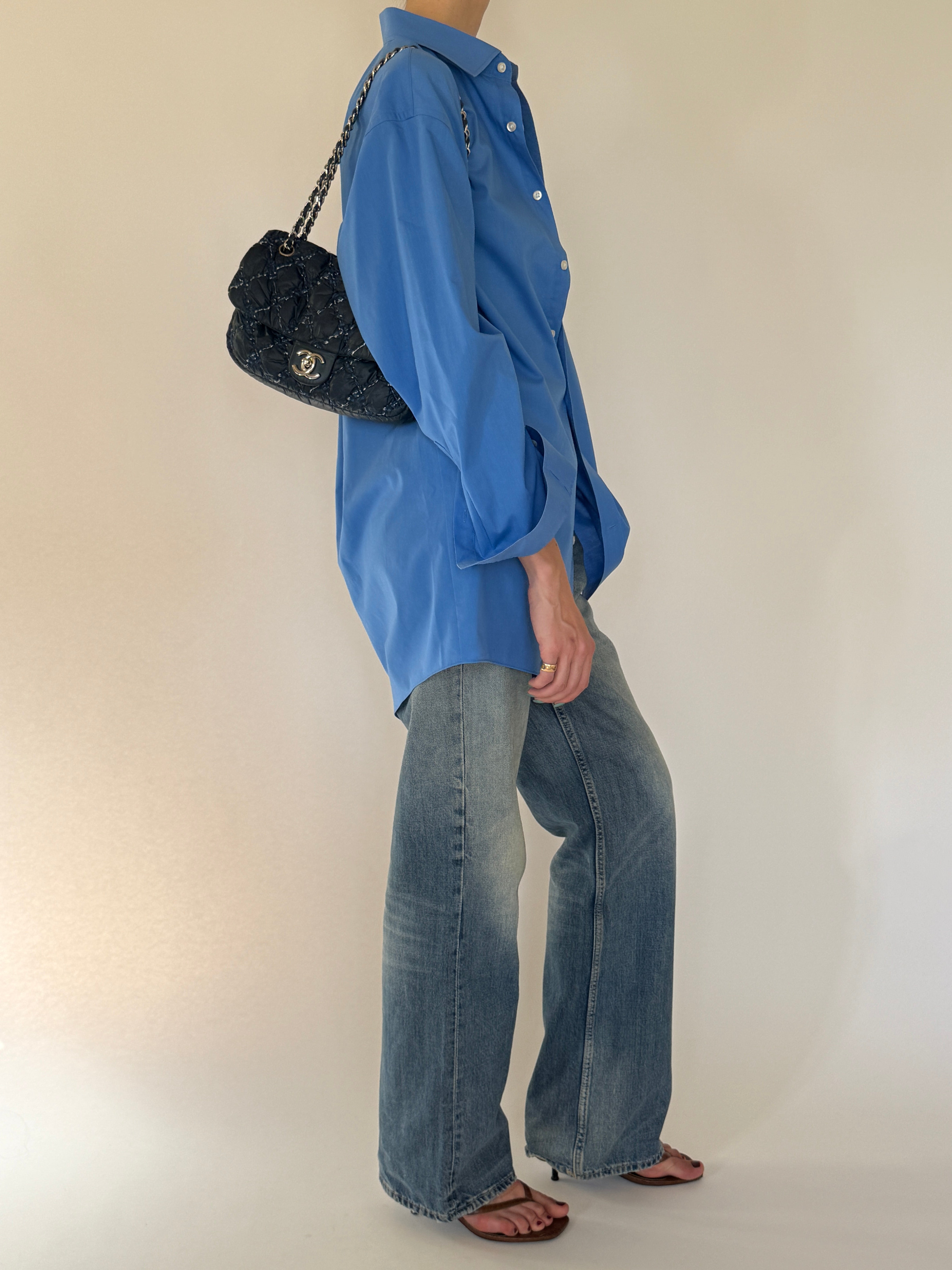 Vintage oversized blue button up shirt side view