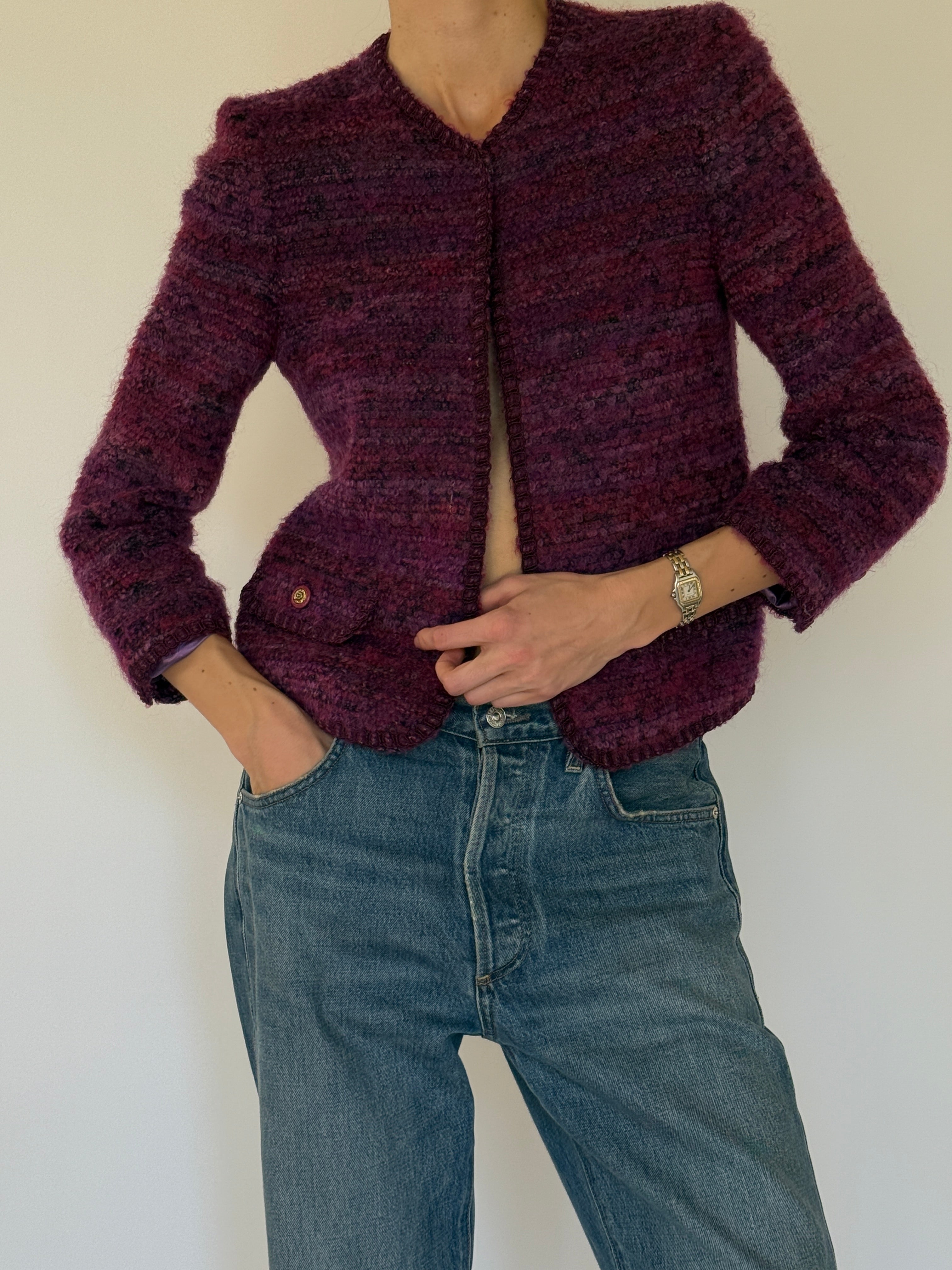 Vintage purple bouclé jacket front view