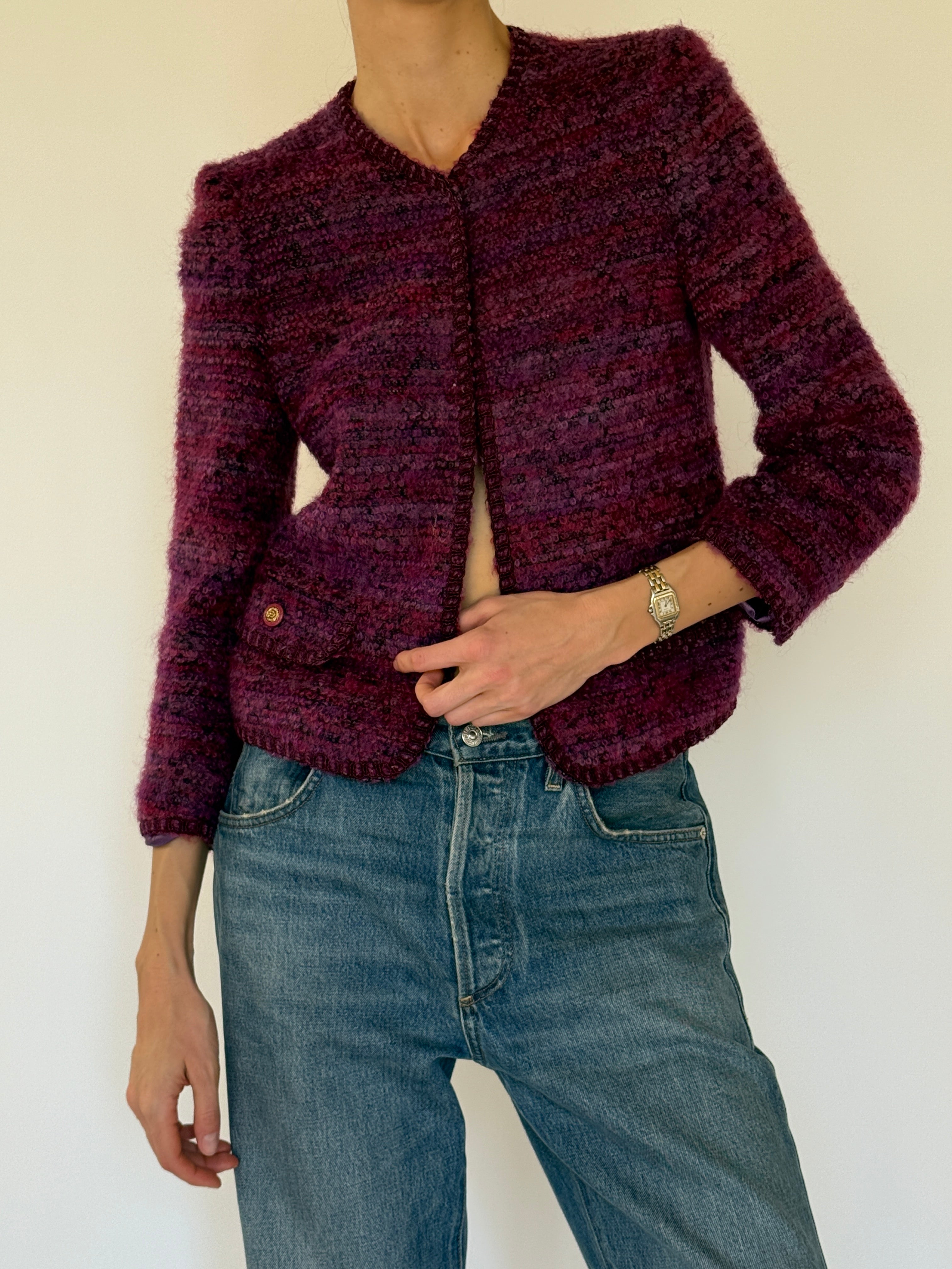 Vintage purple bouclé jacket front view