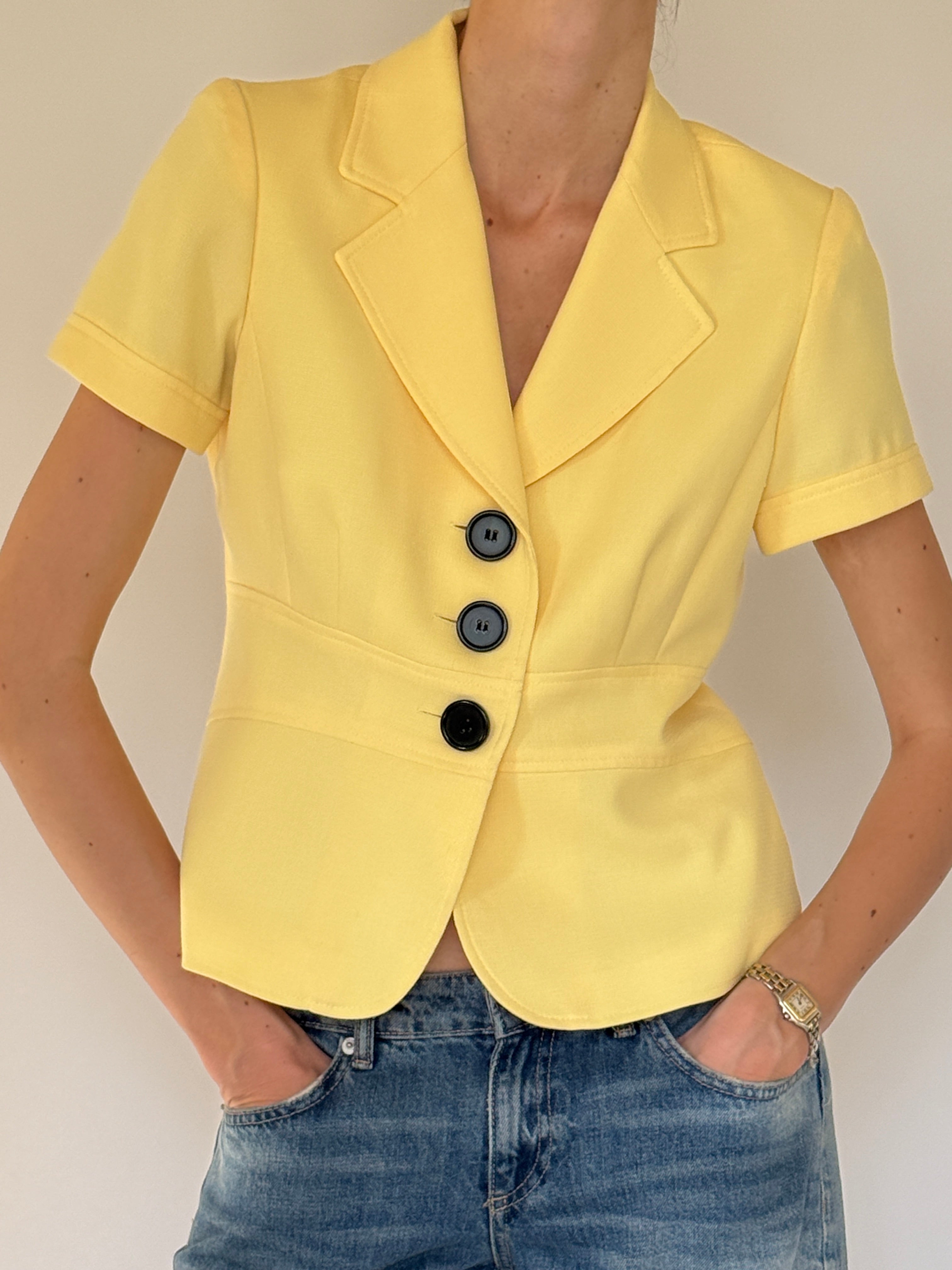 Vintage pastel yellow tailored blazer top front view