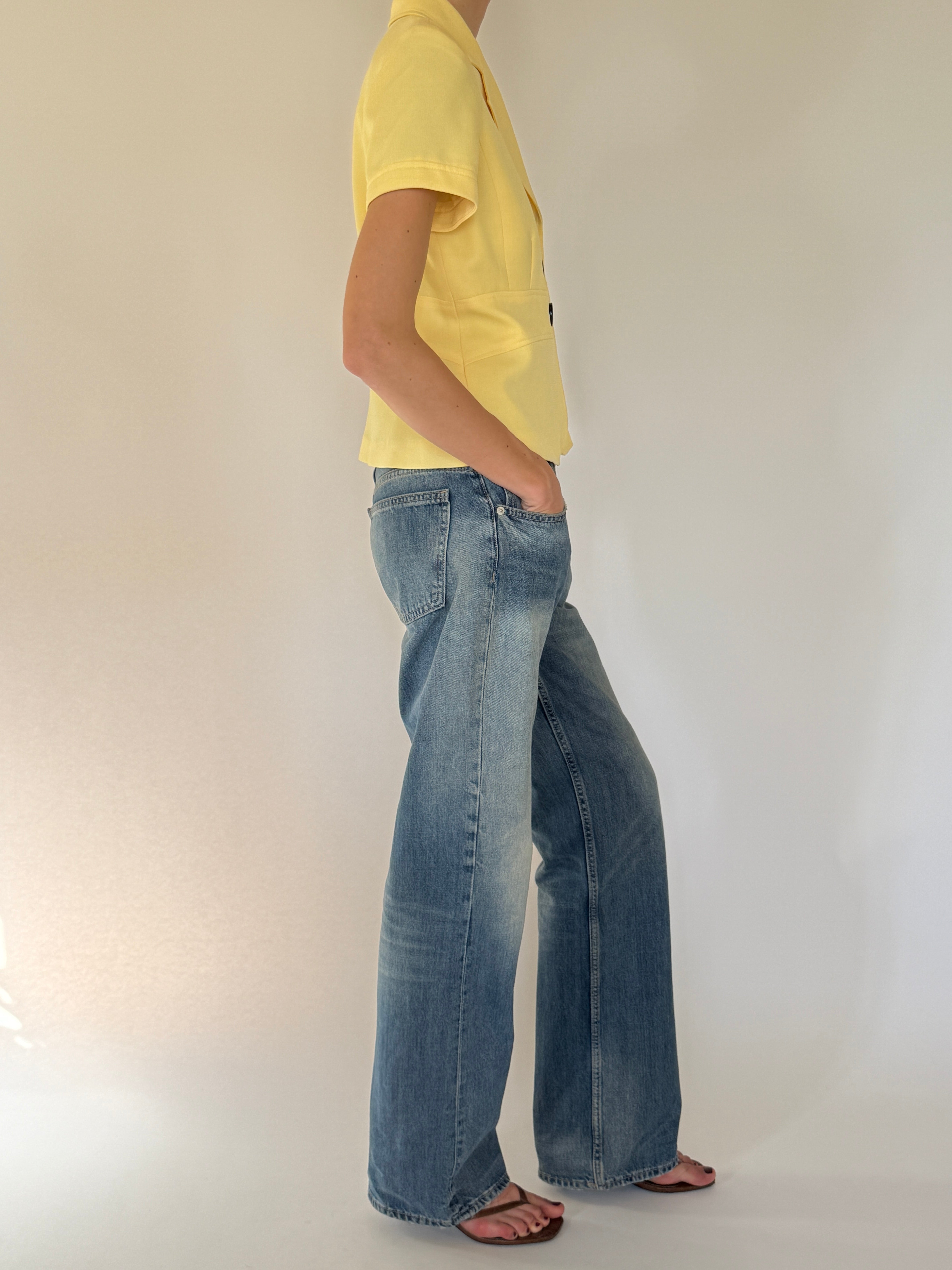 Vintage pastel yellow tailored blazer top side view