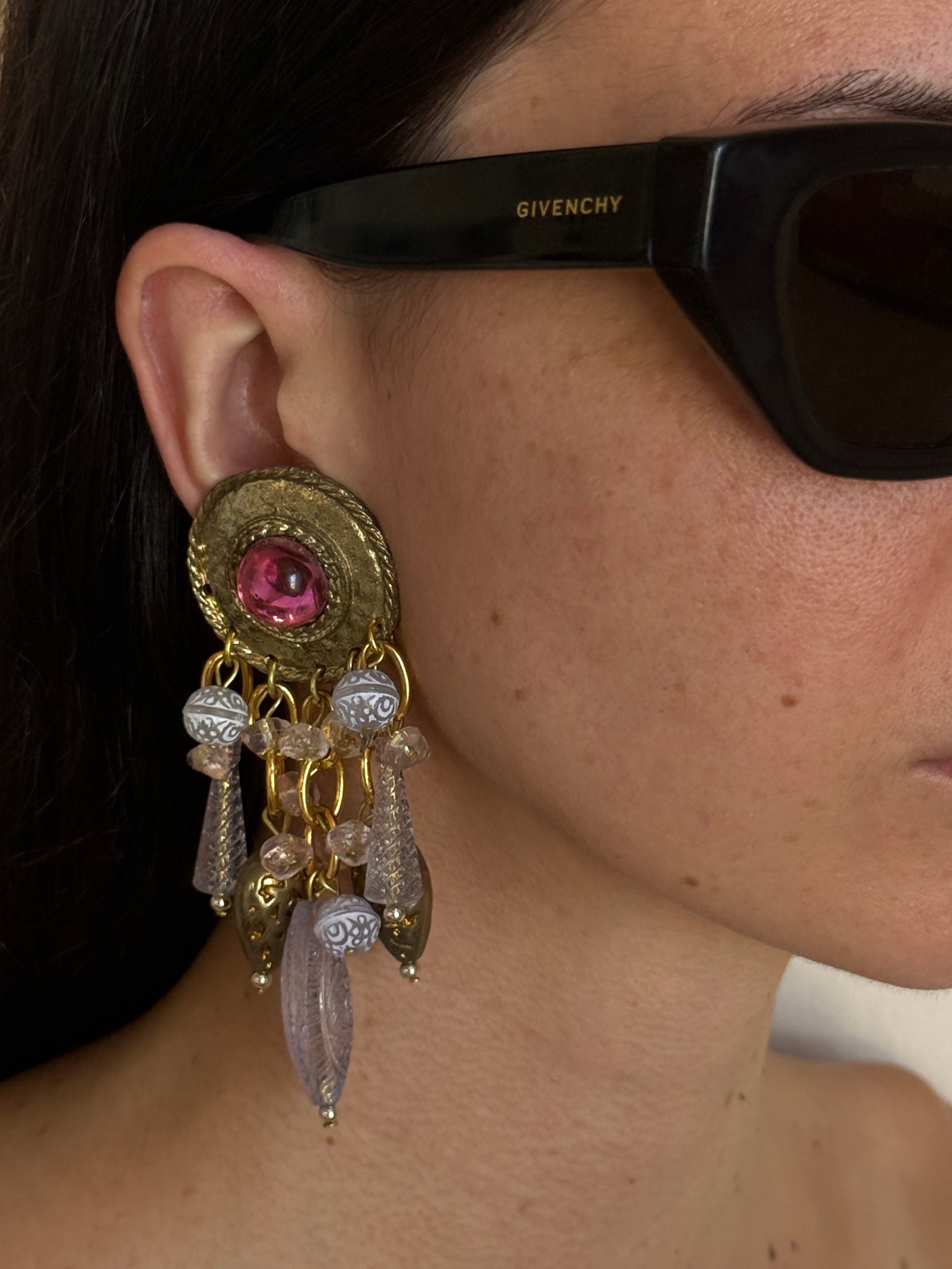 Vintage Dangle Earrings with Pink Jewel Center