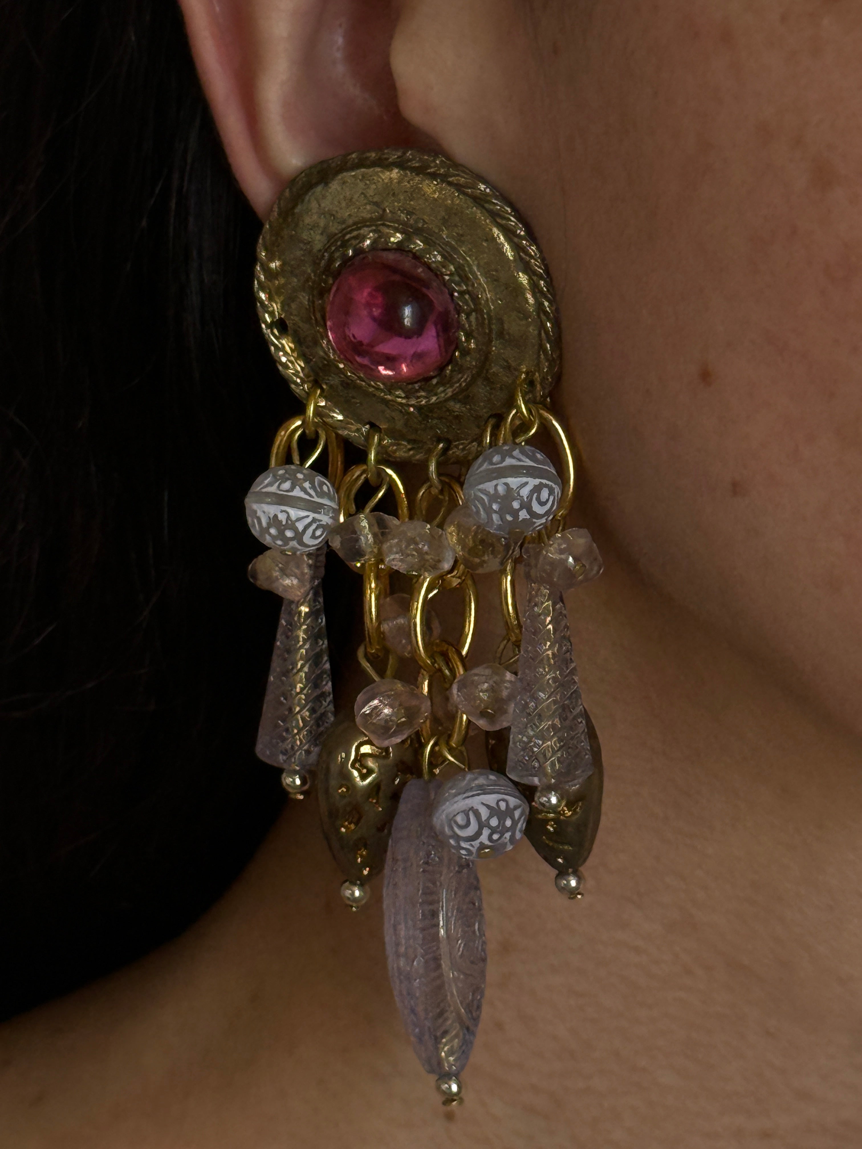Vintage Dangle Earrings with Pink Jewel Center