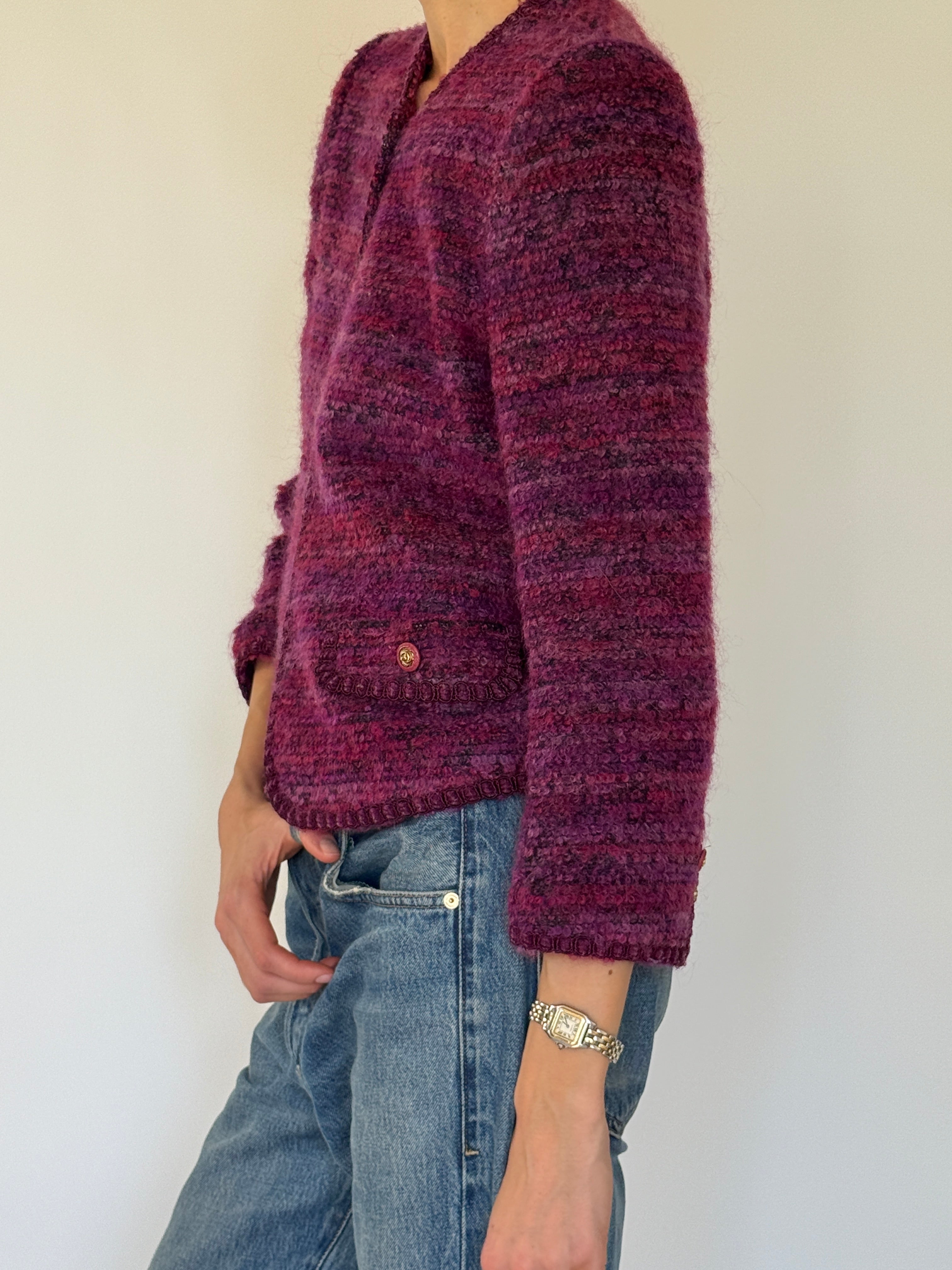 Vintage purple textured bouclé jacket angled front view