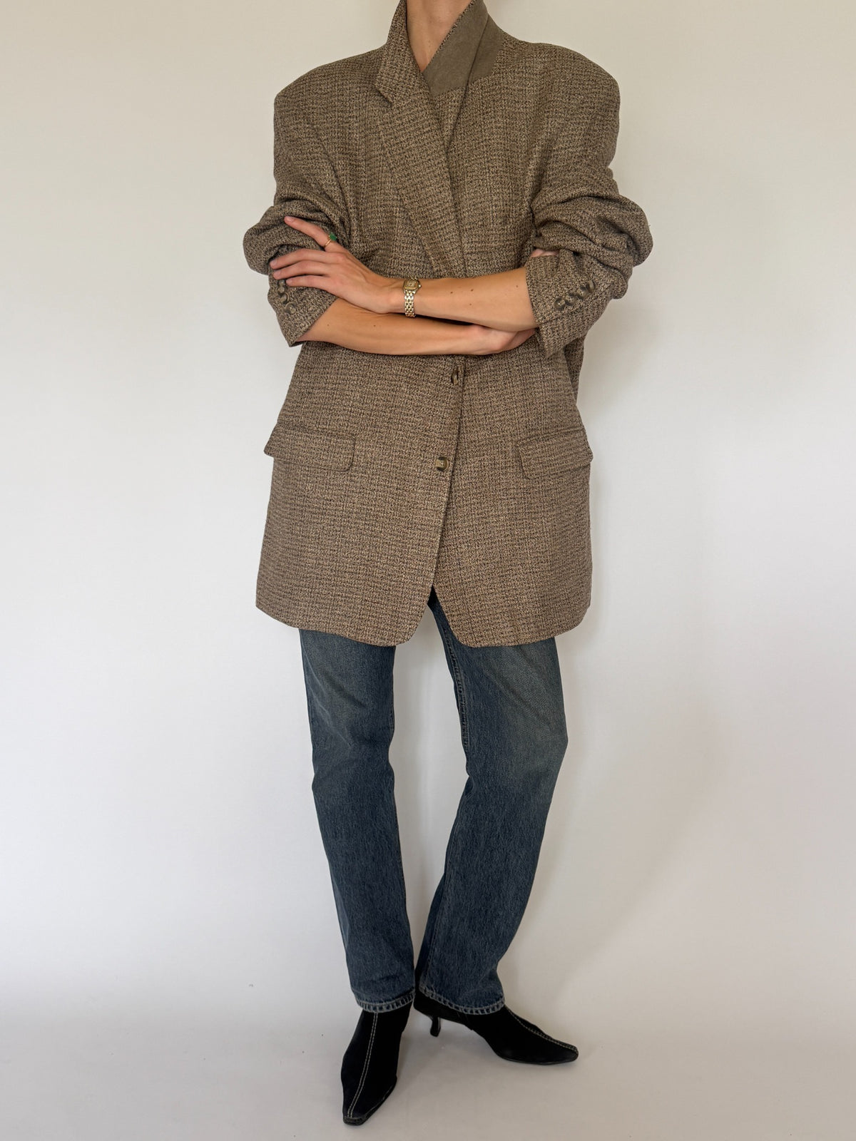 Vintage oversized silk blazer brown front view