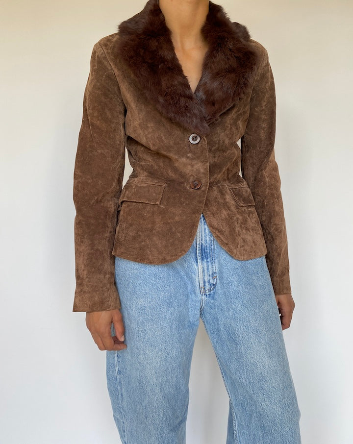 VINTAGE SUEDE LEATHER JACKET WITH A FUR COLLAR 3298
