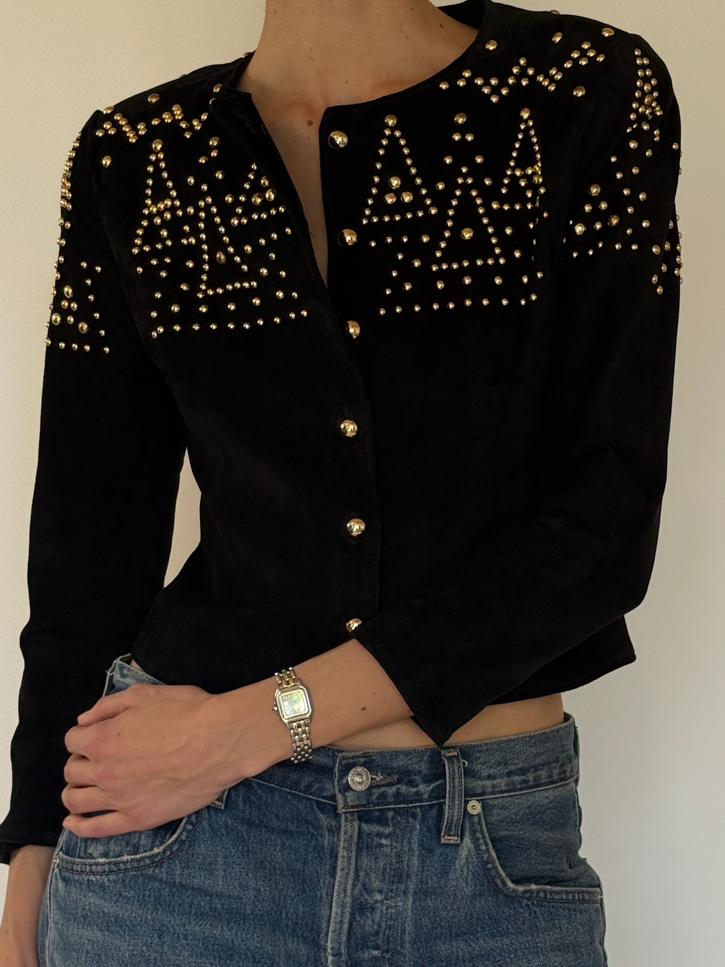 Vintage black suede leather studded jacket sleeve detail