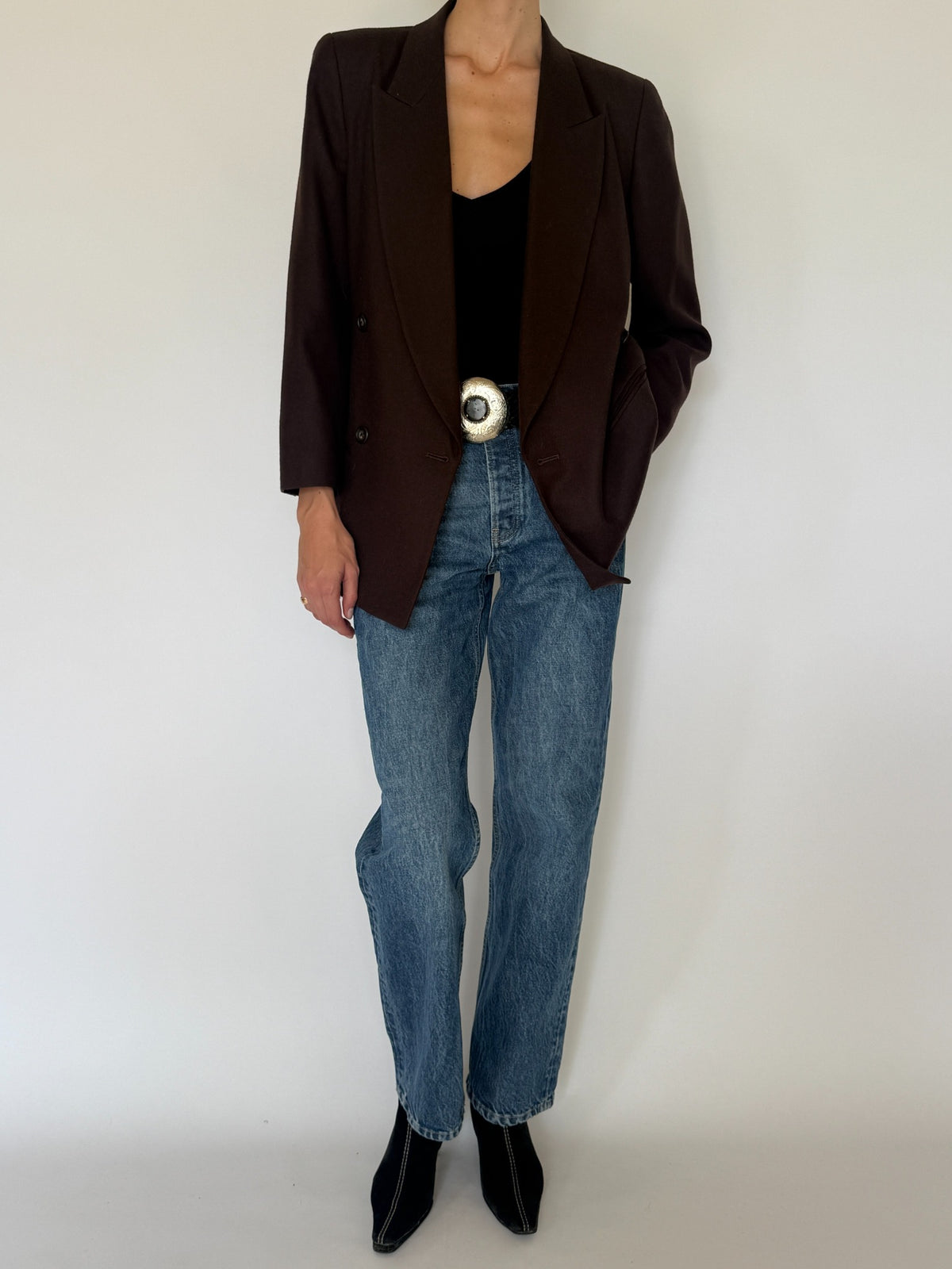Vintage double-breasted wool blazer dark brown full front view
