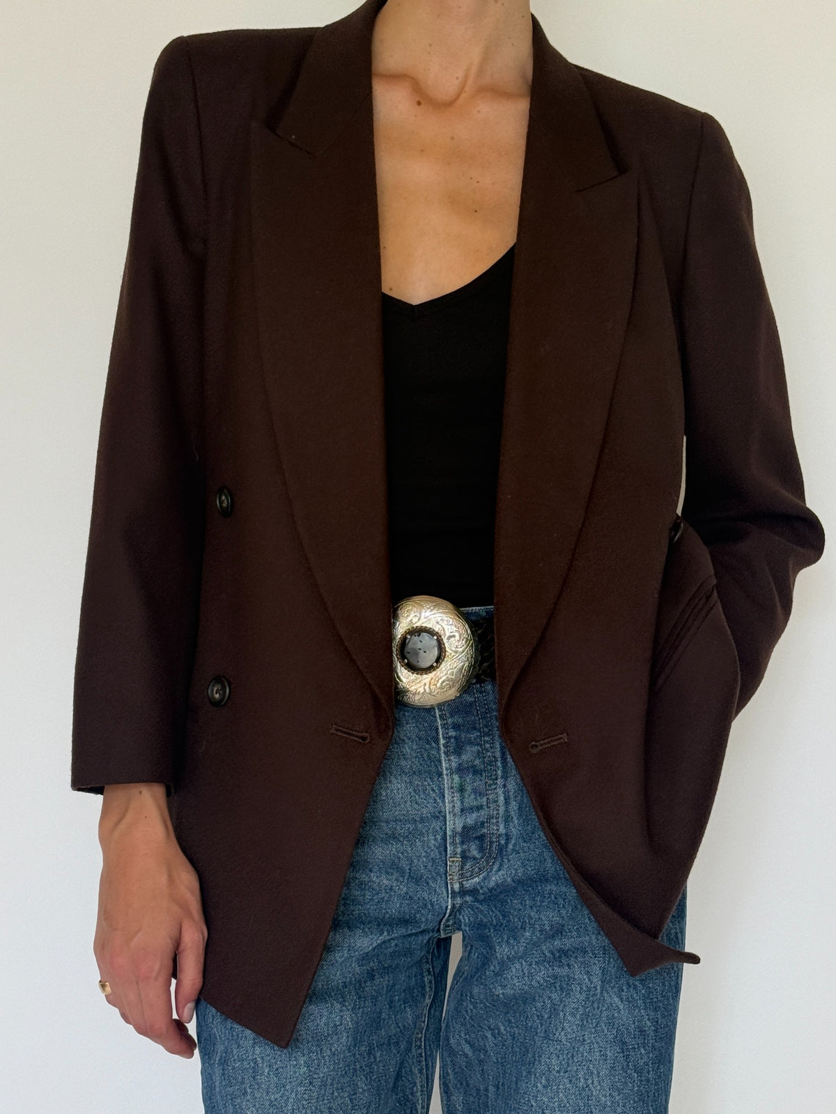 Vintage double-breasted wool blazer dark brown front detail
