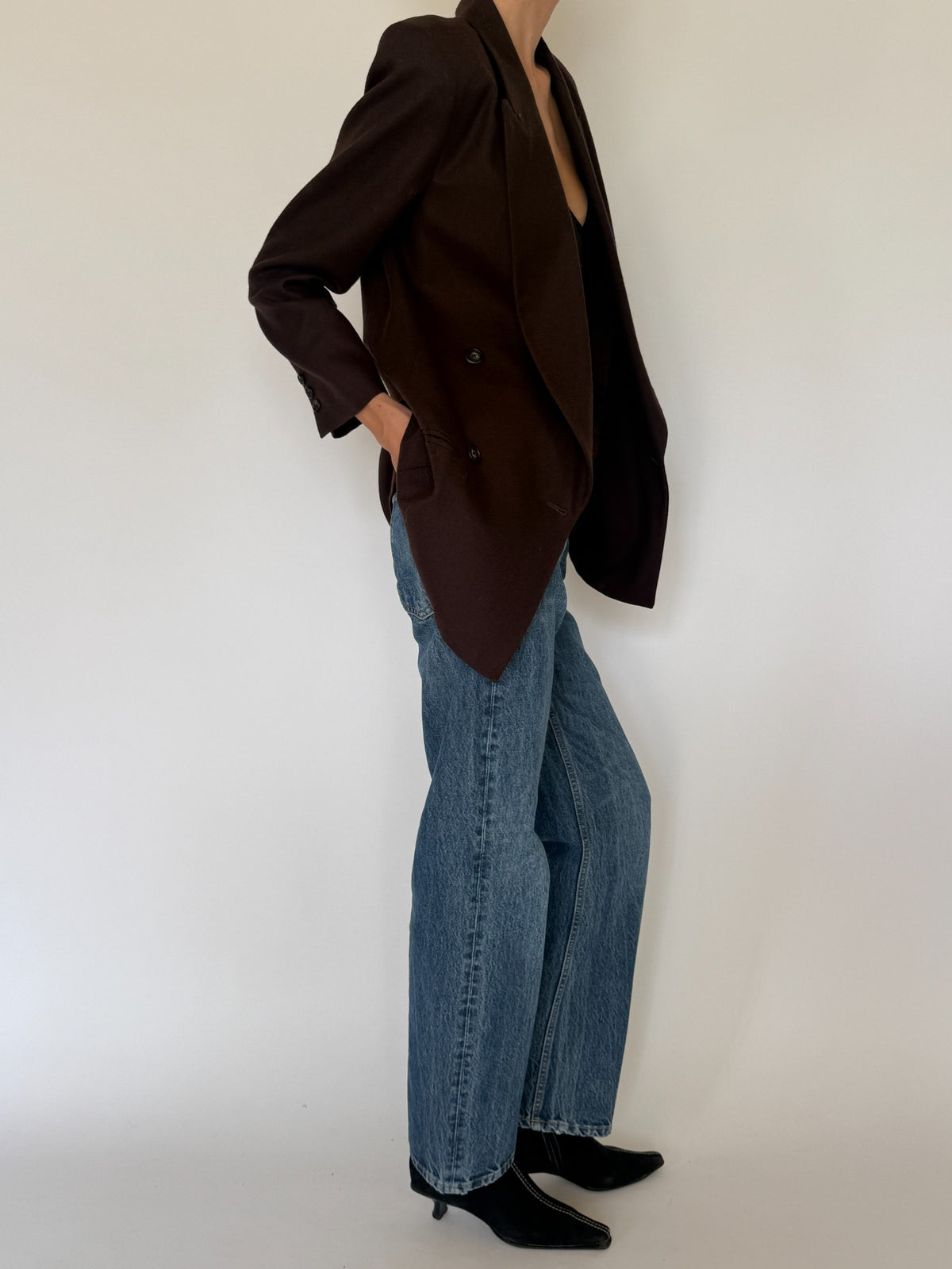 Vintage double-breasted wool blazer dark brown side view