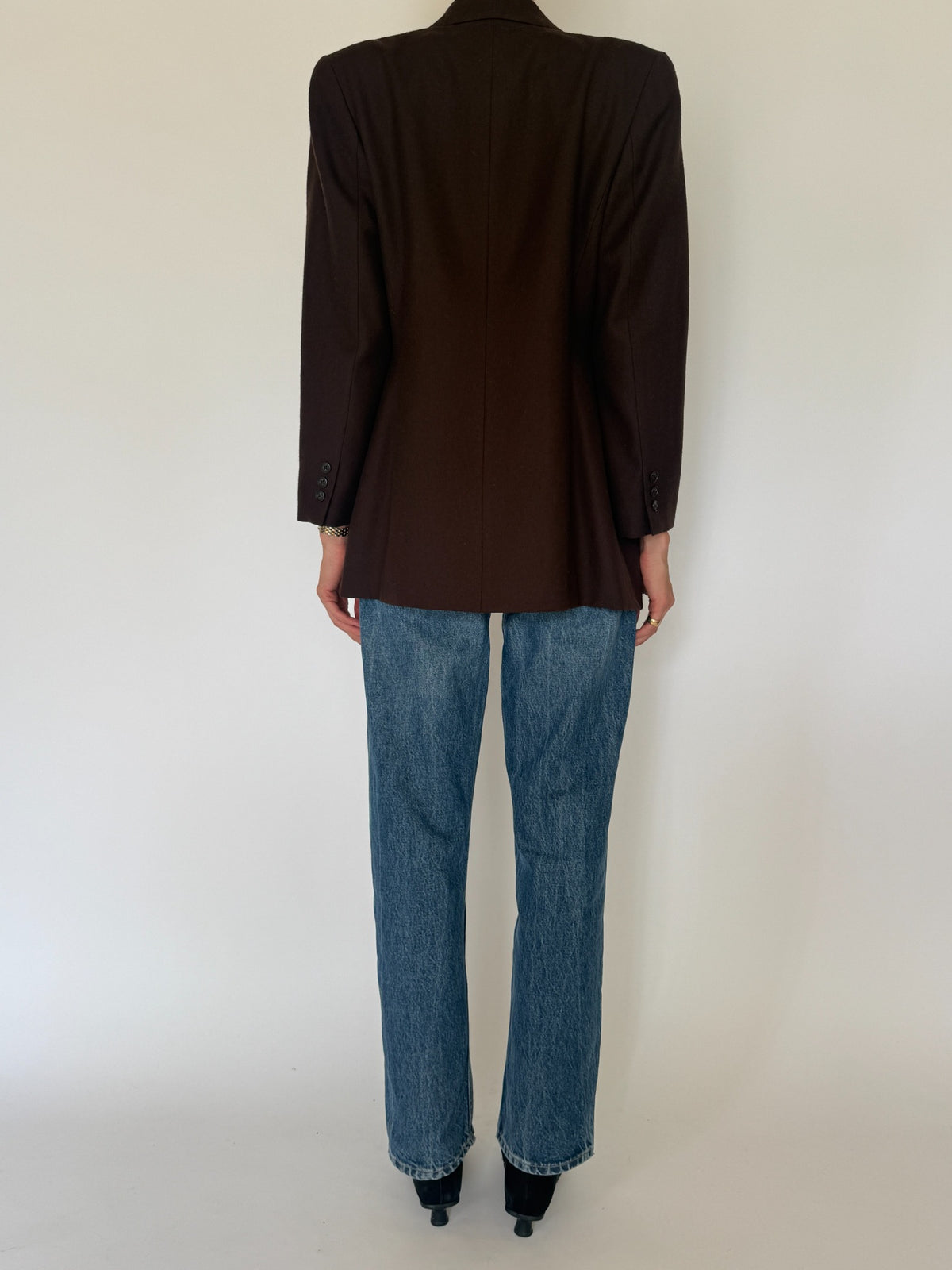 Vintage double-breasted wool blazer dark brown back view