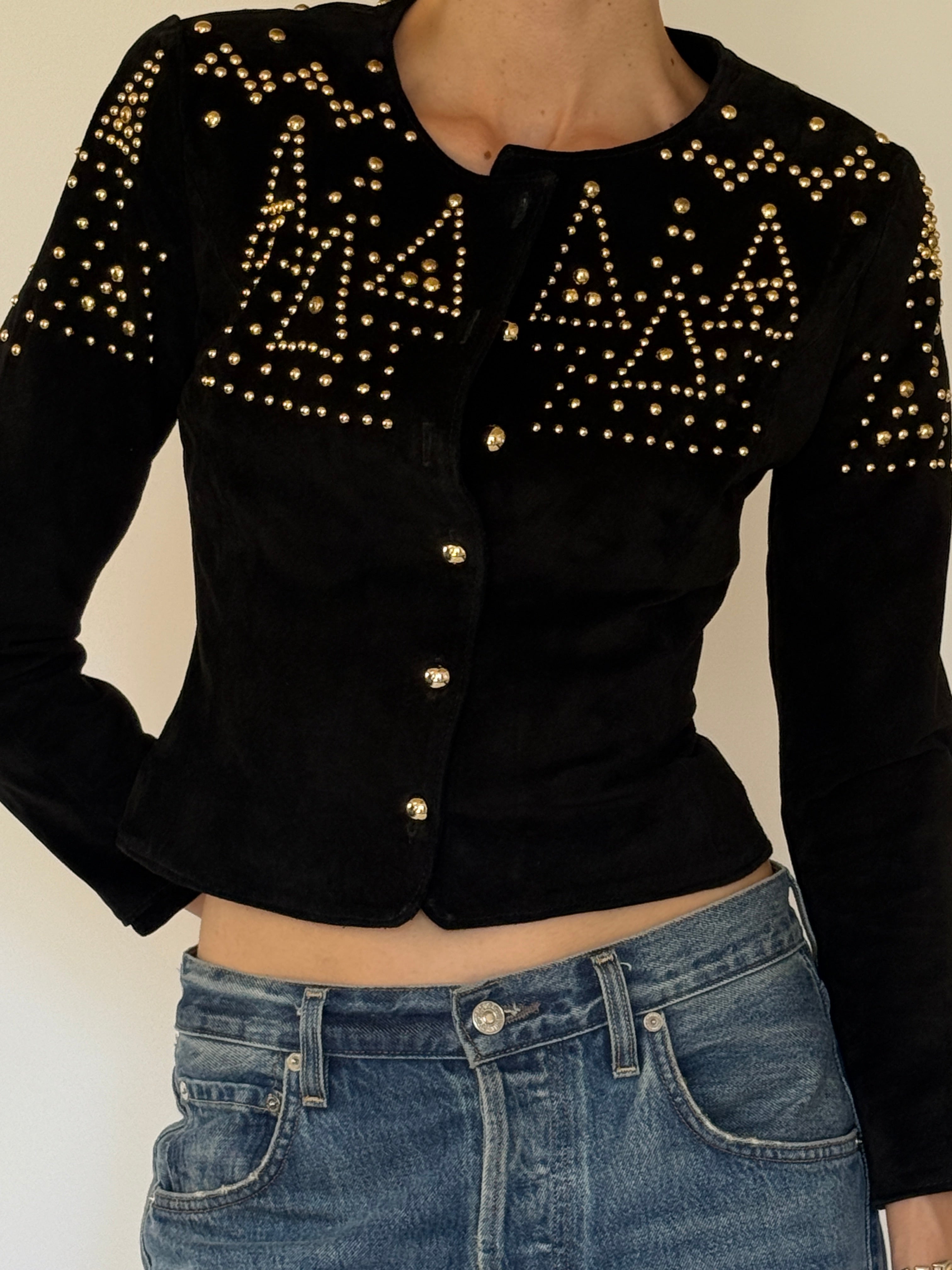 Vintage black suede leather studded jacket stud embellishment close-up