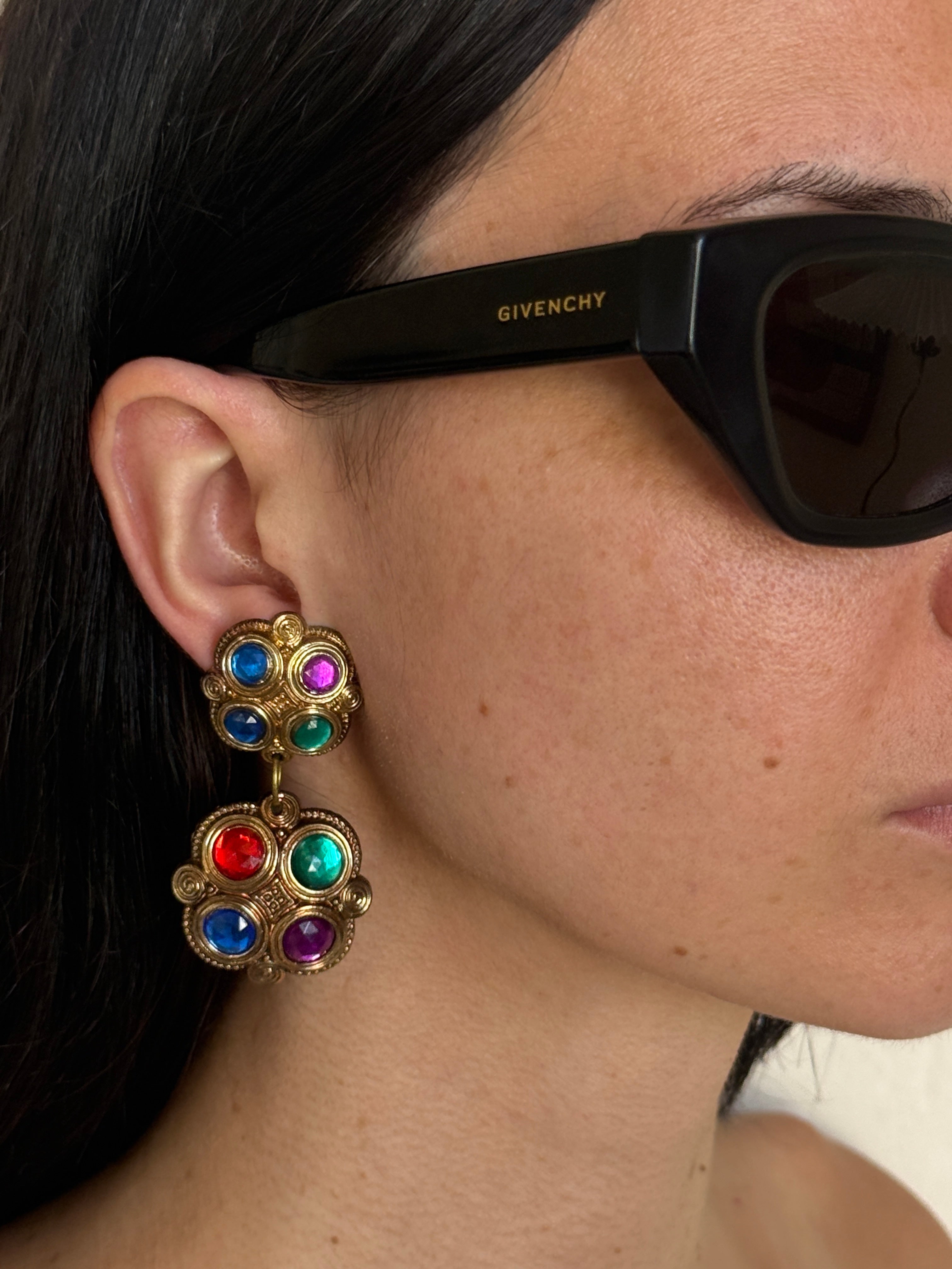 Vintage Multicolor Gem Drop Earrings Gold Tone