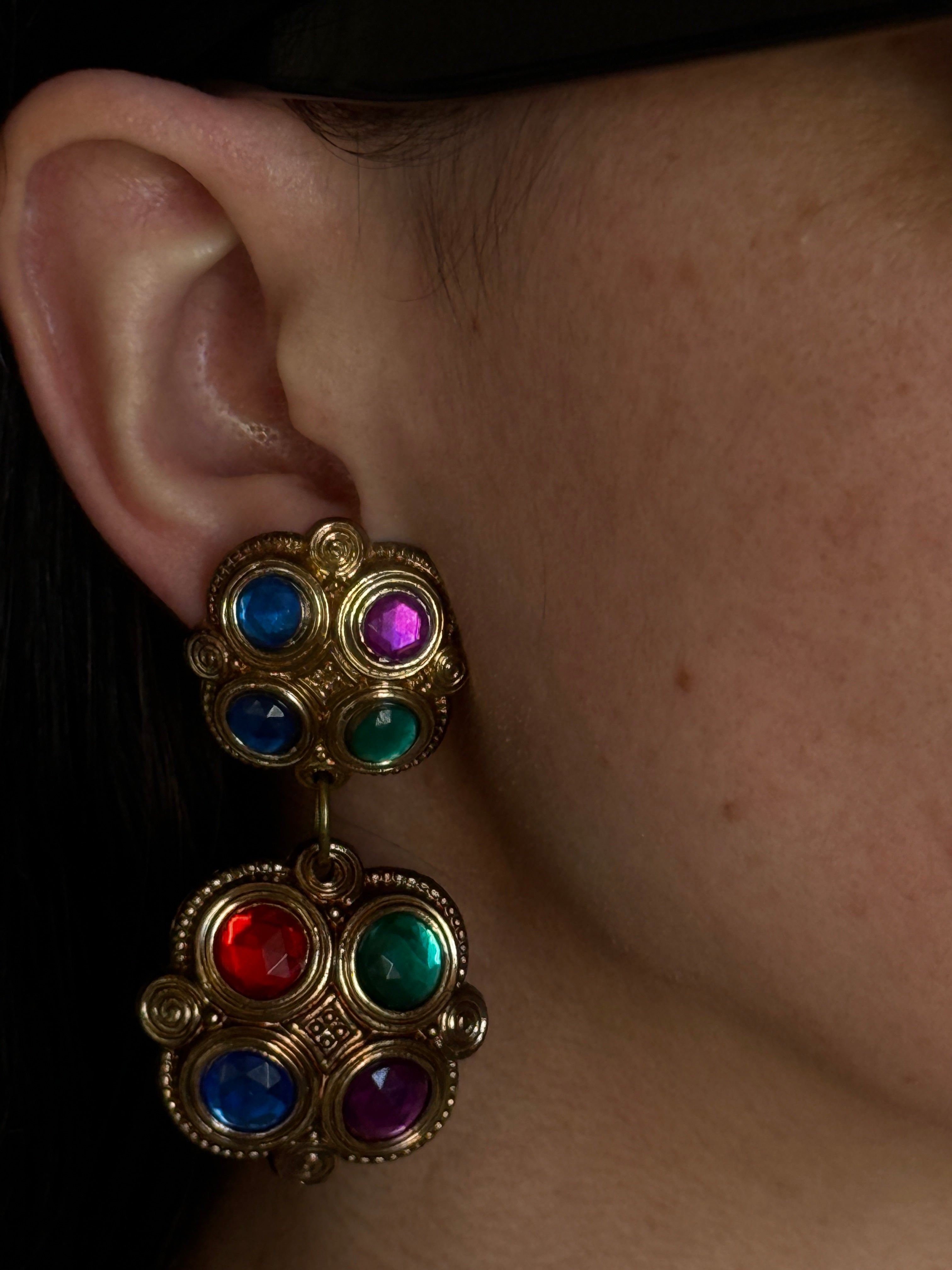 Vintage Multicolor Gem Drop Earrings Gold Tone