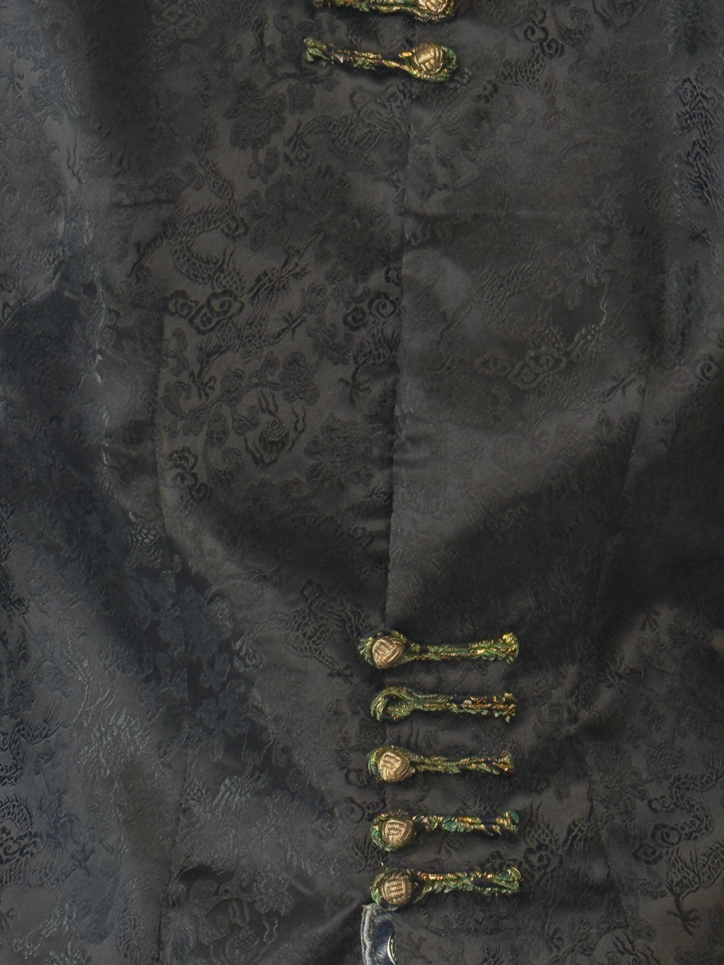 Vintage black jacquard jacket frog closure detail