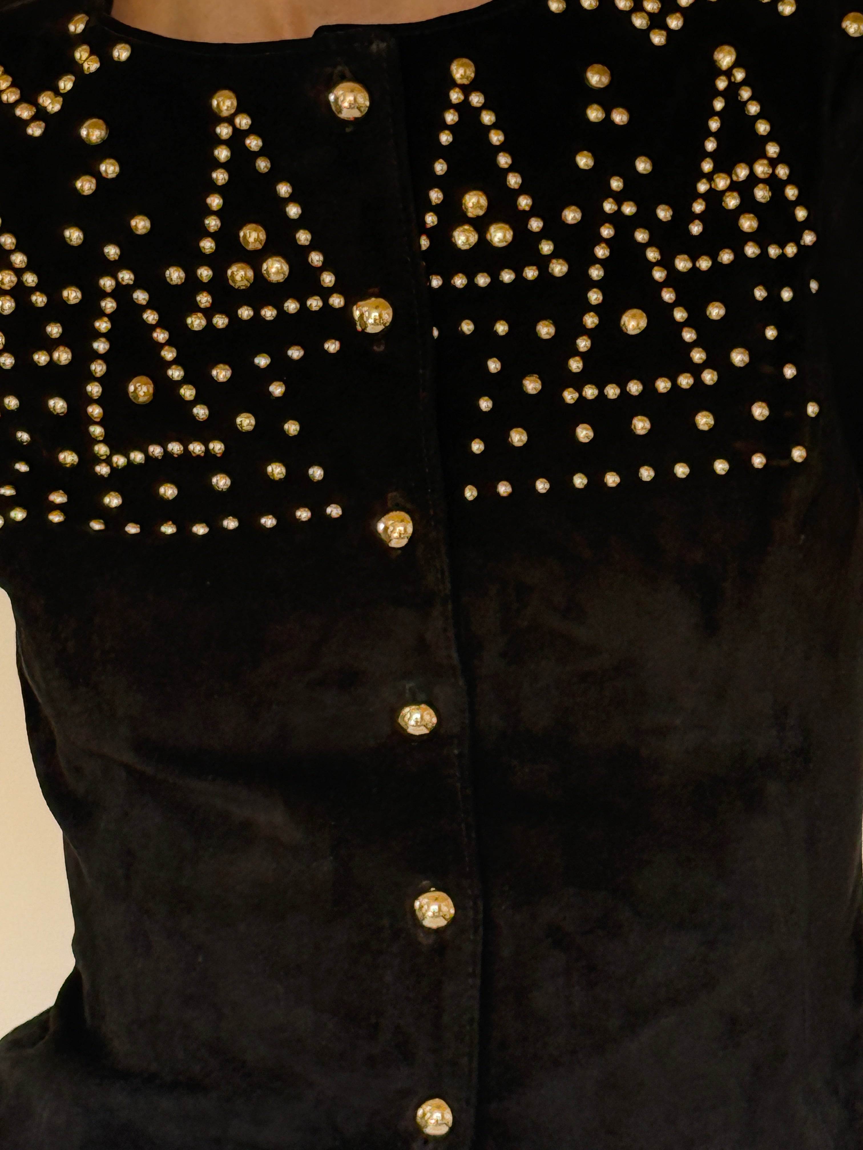 Vintage black suede leather studded jacket button front detail