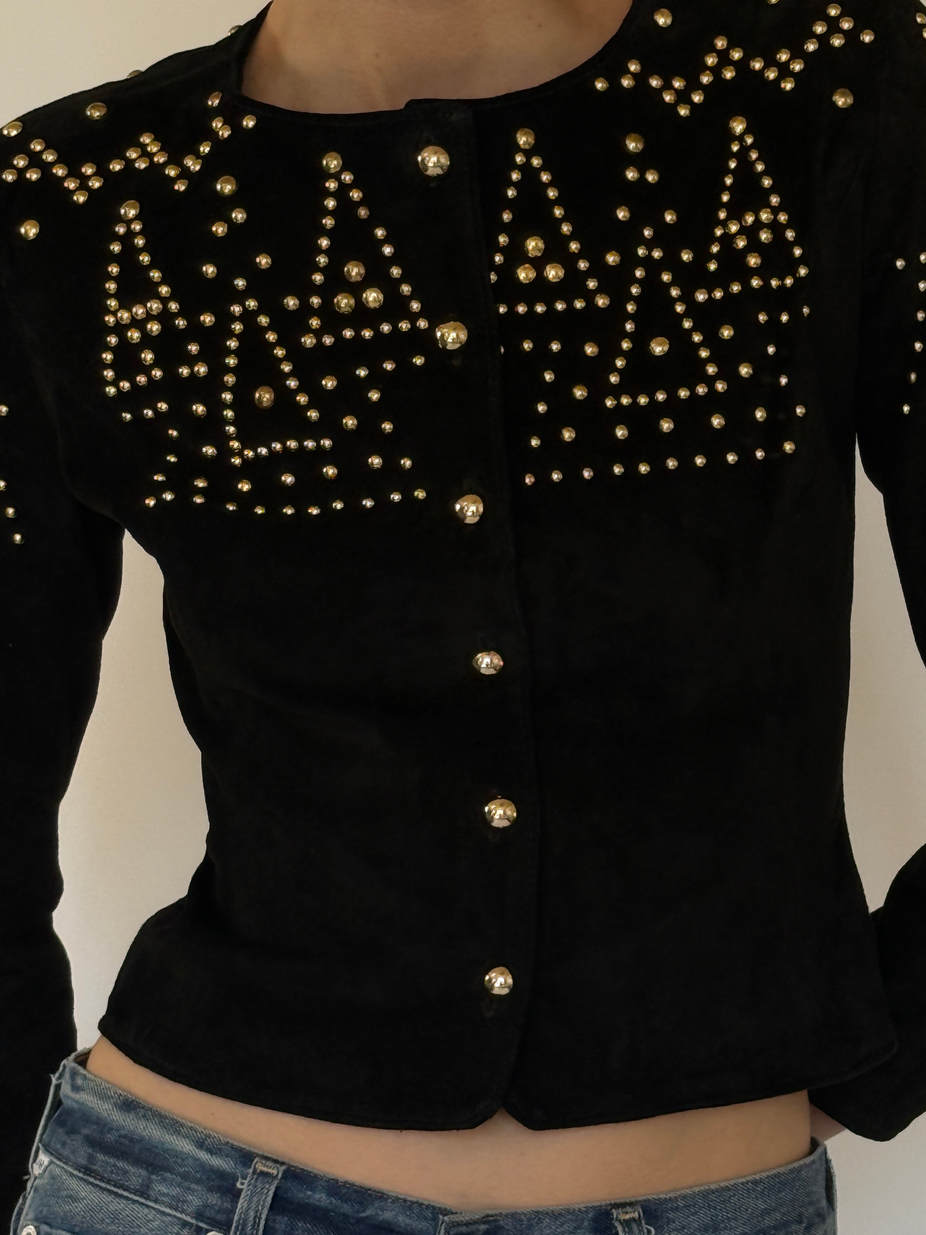 Vintage black suede leather studded jacket button front detail