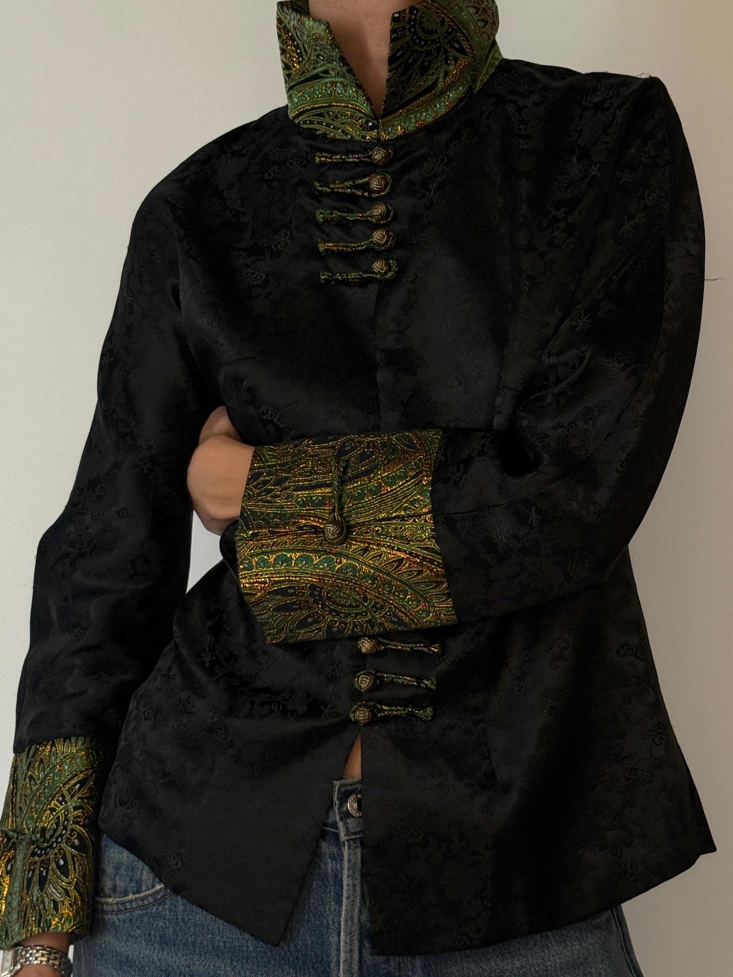 Vintage black jacquard mandarin collar jacket front view