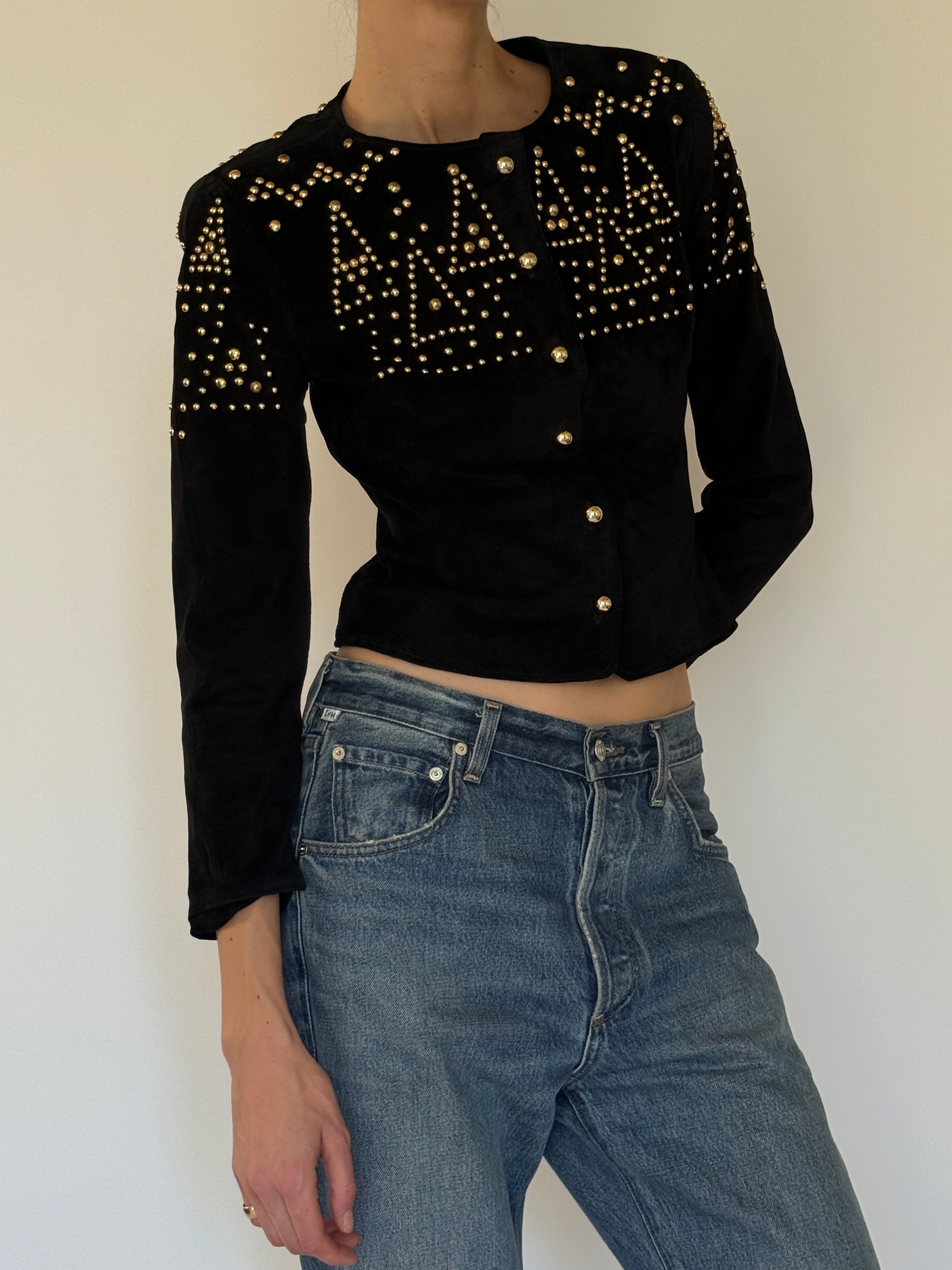 Vintage black suede leather studded jacket side view