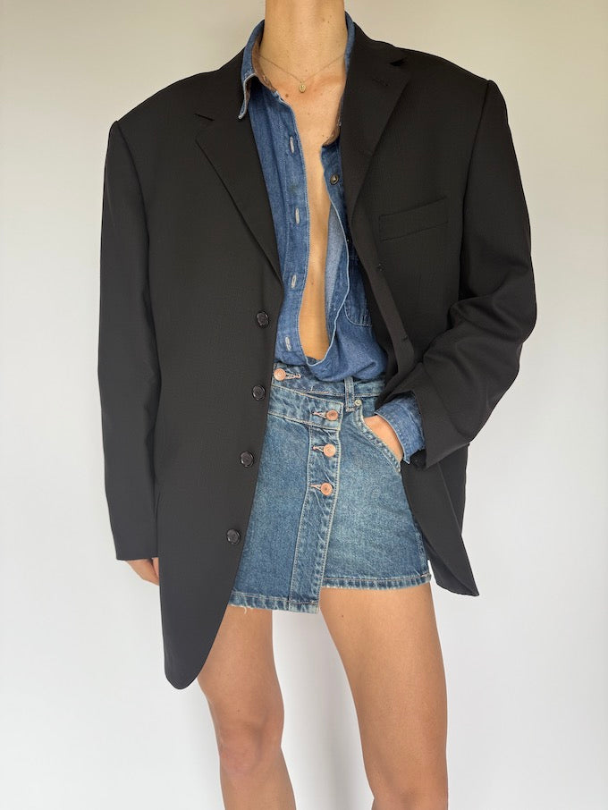 Vintage Oversized Faded Pinstripe Wool Blazer Black 5944