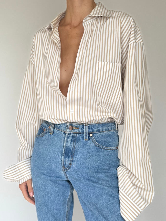 Vintage Striped Cotton Button-Up Beige & White 6405