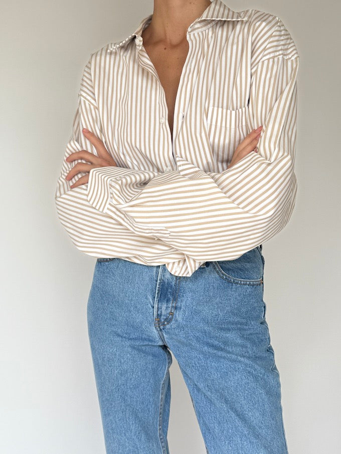Vintage Striped Cotton Button-Up Beige & White 6405