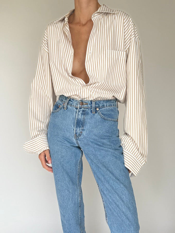 Vintage Striped Cotton Button-Up Beige & White 6405