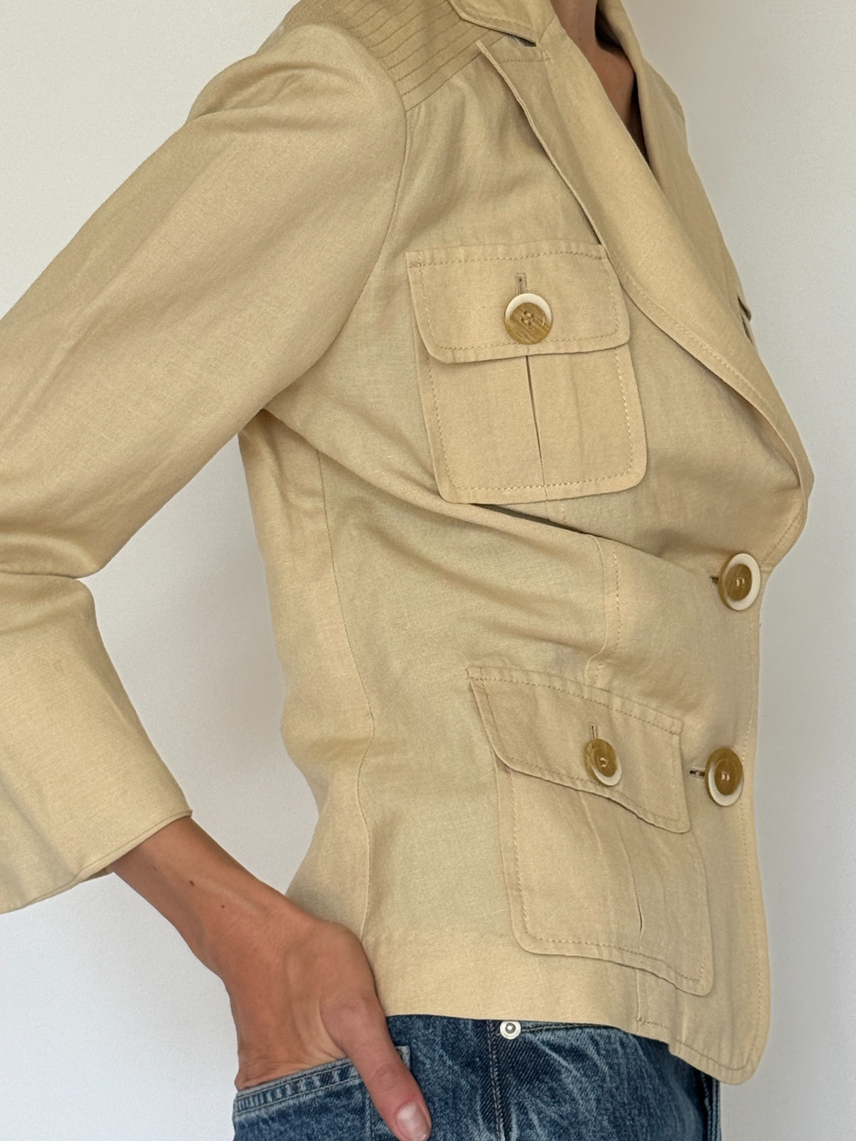 Vintage beige utility blazer pocket detail