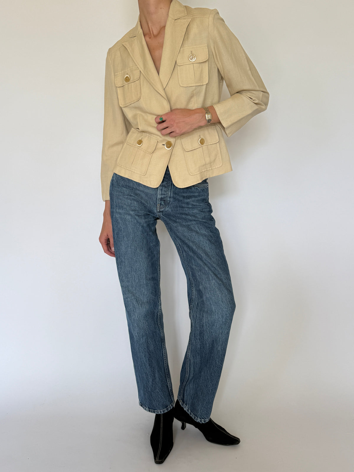 Vintage Utility Linen Blend Blazer Beige 8293