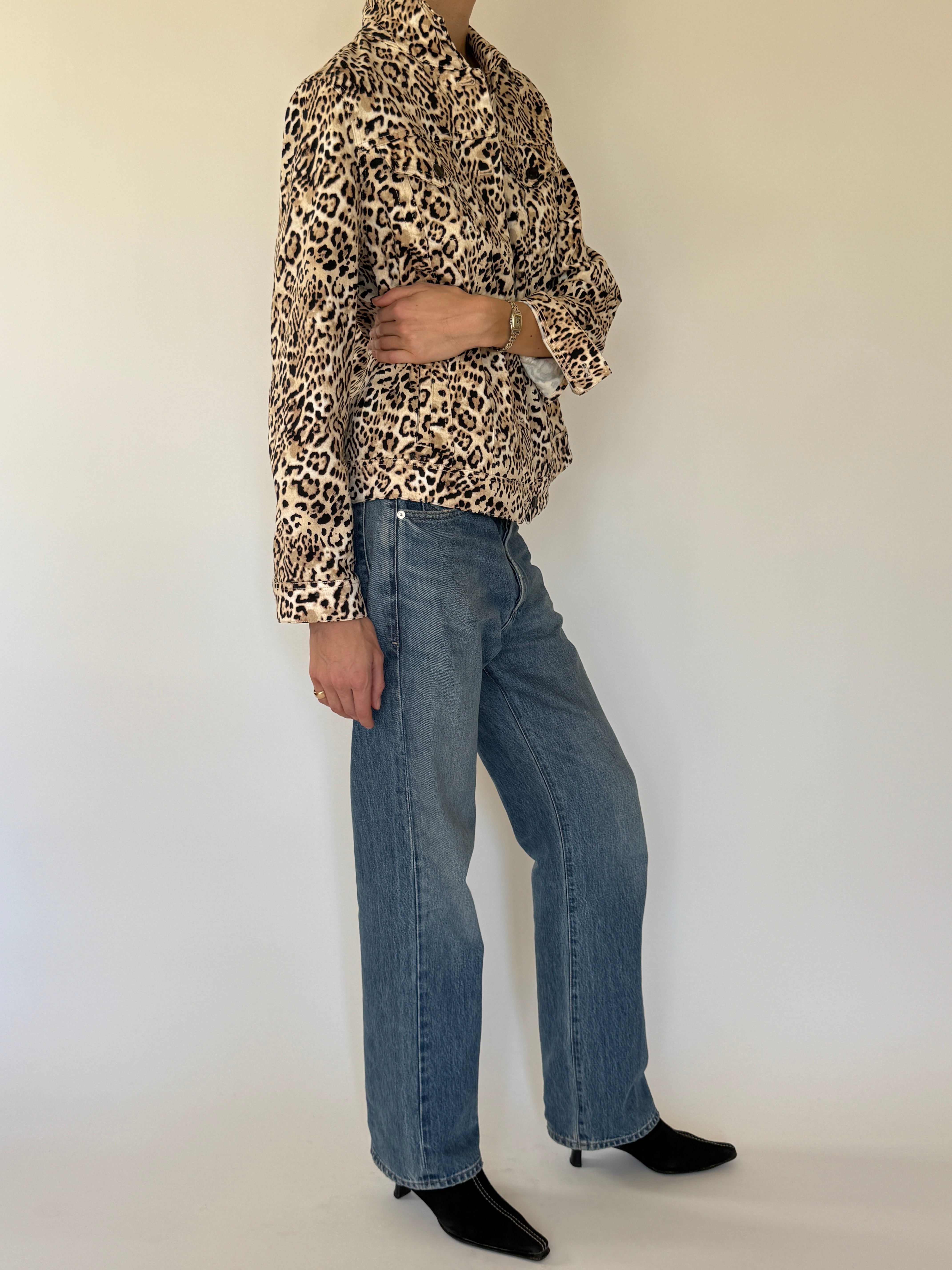 Vintage leopard print denim jacket beige side view
